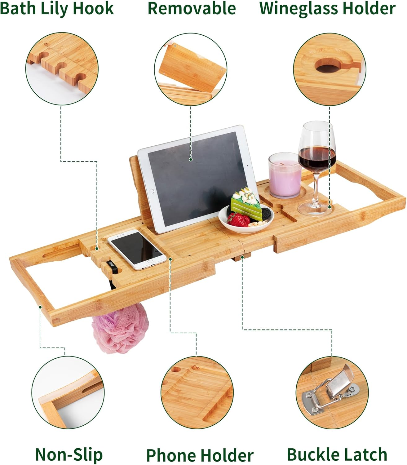 Utoplike Bamboo Bathtub Caddy Tray Bath Tray for Tub, Adjustable Bathroom Bathtub Organizer with Book Tablet Wine Glass Cup Towel Holder (24.5"-37.4") image number 2