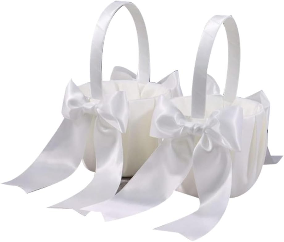 Veumoie 2 Piece White Flower Girl Basket Wedding Basket for Flower Cute Satin Flower Girl Basket image number 4