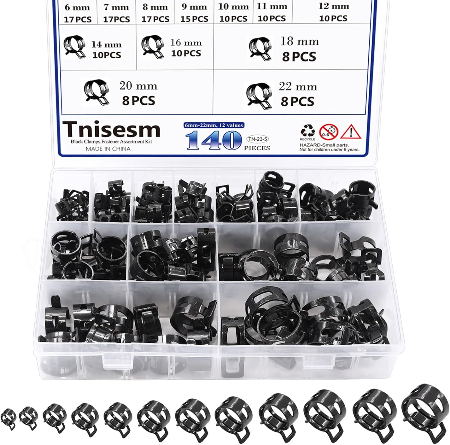 Tnisesm 80Pcs Spring Band Hose Clamps Assortment Silicone Vacuum Hose Pipe Clamp 7Mm 9Mm 10Mm 11Mm 14Mm 15Mm 16Mm 18Mm Low Pressure Air Clip Clamp(Black)