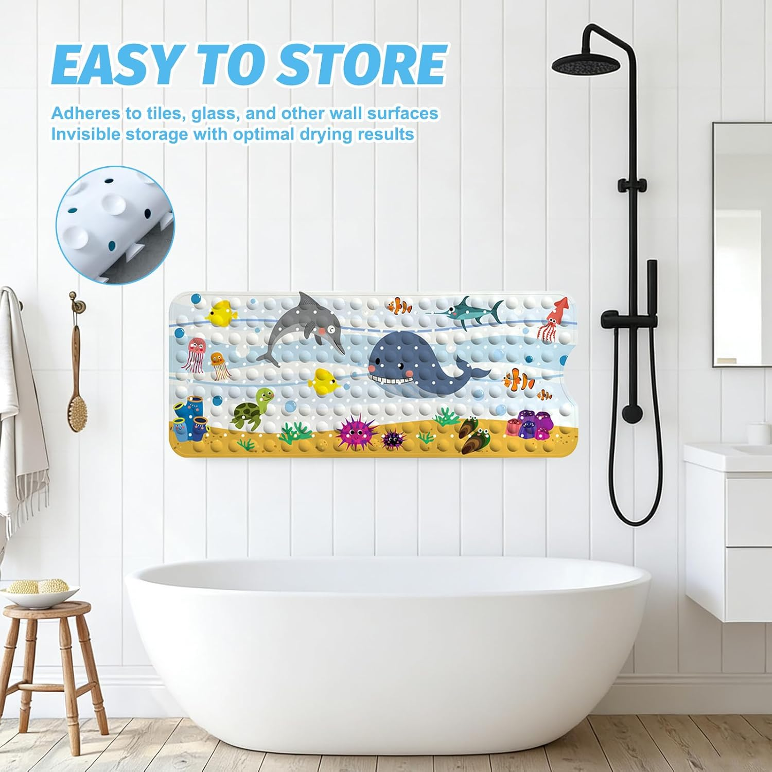 Nonslip Bath Tub Shower Mat with Suction Cups&ndash; Shark Design TPE Bathtub Mat for Kids & Elderly | Machine Washable, Anti-Slip Shower Mat (100X40Cm)