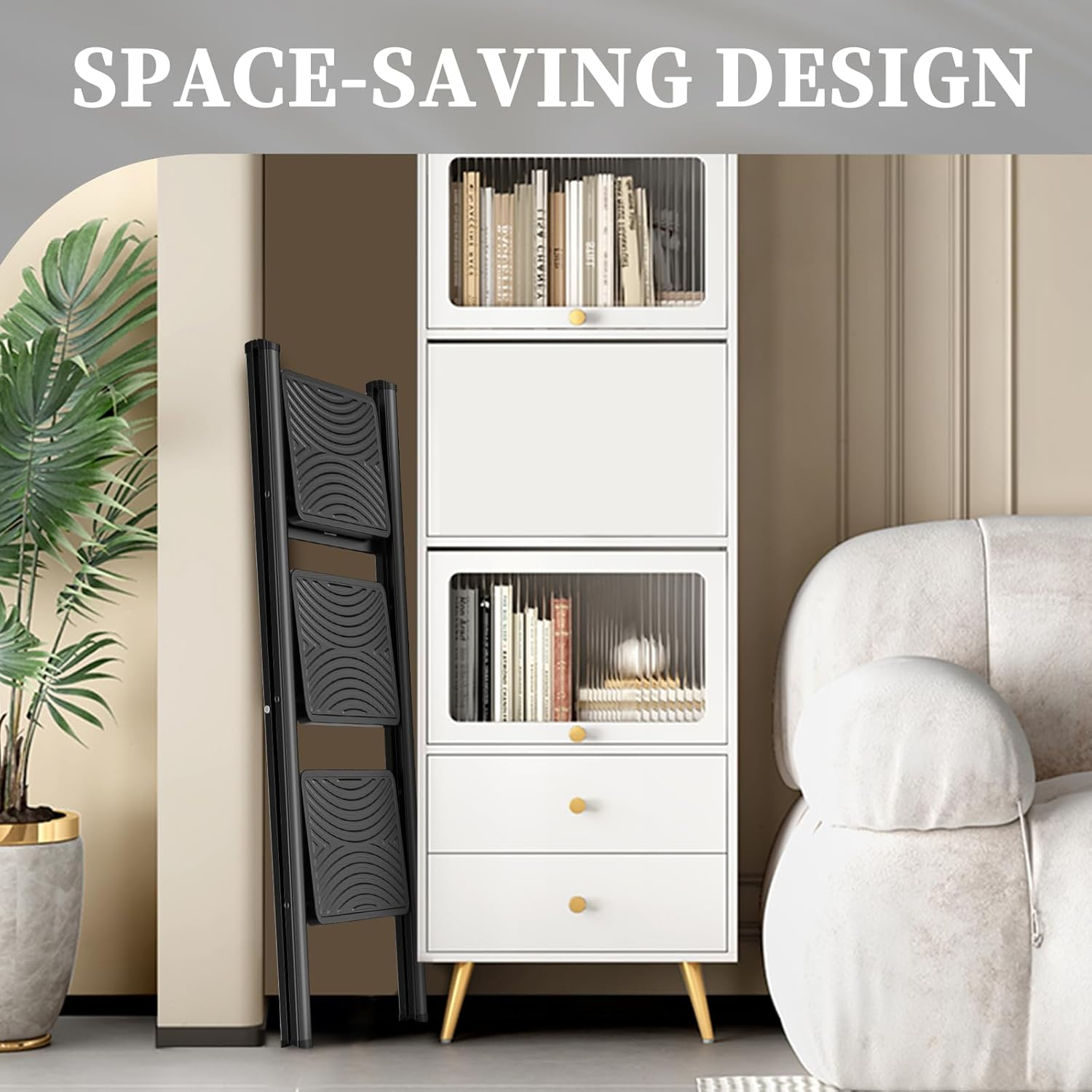 Hbtower Step Ladder 3 Step Folding, Small Step Stool for Adults, Closet Step Stool Lightweight Kitchen Ladder 3 Step Ladder with Anti-Slip Wide Pedals, Black image number 4