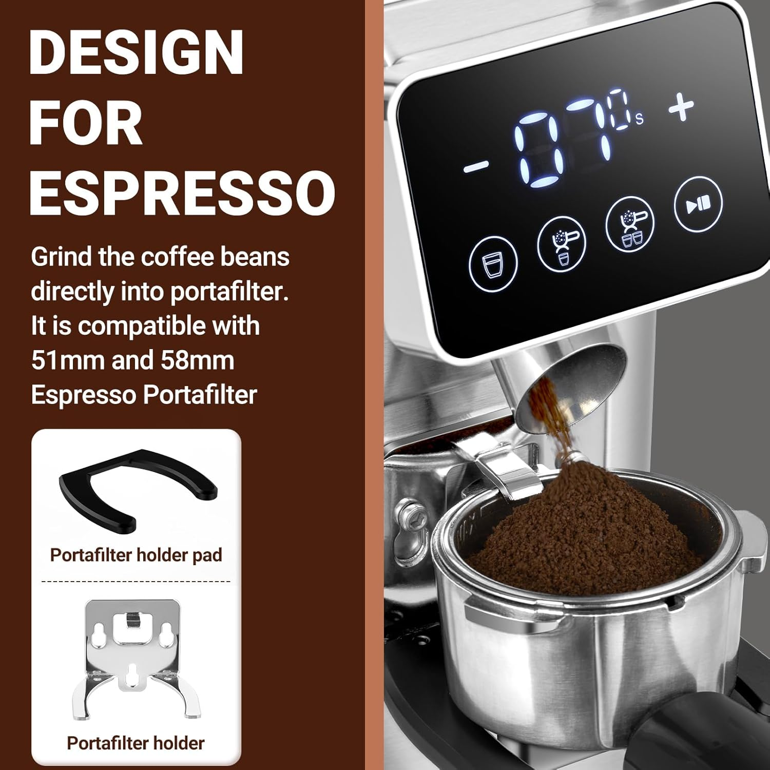 AMZCHEF Electric Coffee Grinder, Conical Burr Grinder with 48 Precision Grind Settings, LED Panel Control, Detachable Funnel Stand for Espresso, Drip, French Press, Easy to Clean, Stainless Steel image number 6