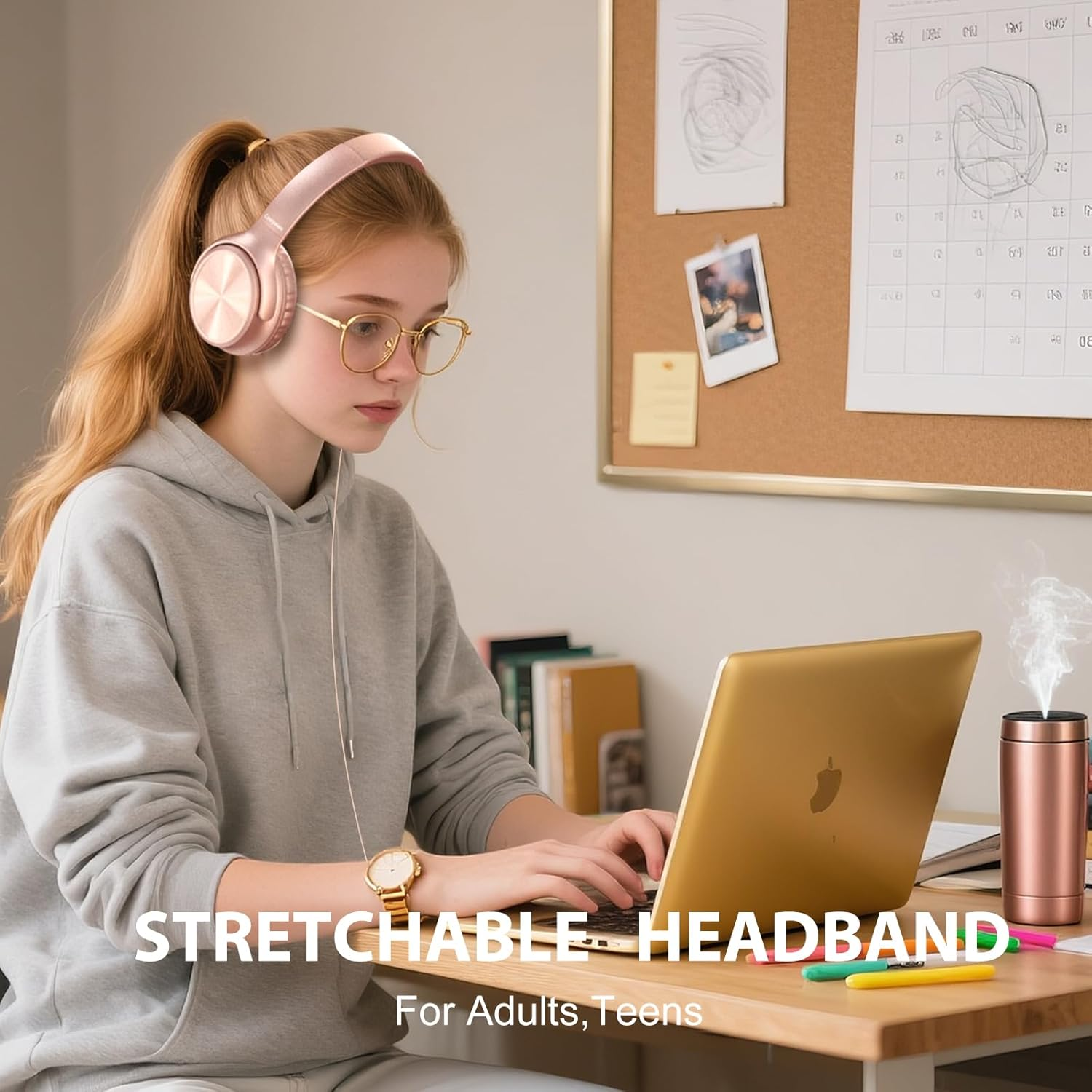 Cowyawn over Ear Headphones Wired, Foldable 3.5Mm Wired Headphones with Microphone, Volume Control, HD Stereo Sound, Lightweight Headphones for Adult/Teens/Chromebooks/Laptop/Computer/Tablets, Rose image number 6