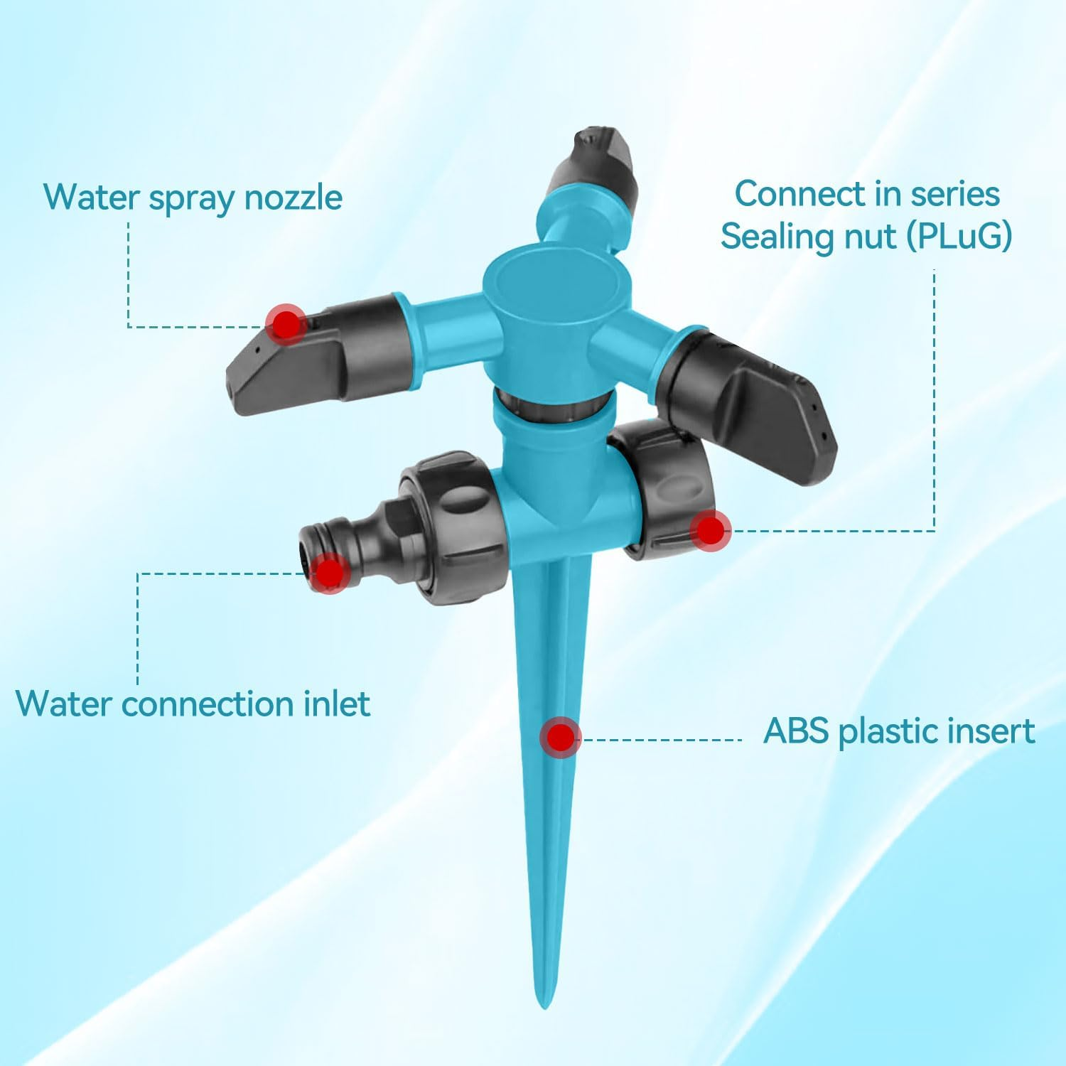 2 Pack Yard Sprinkler 360&deg; Rotating Lawn Sprinkler with up to 3,000 Sq. Ft Coverage - Adjustable, Weighted Gardening Watering System (Blue) image number 6