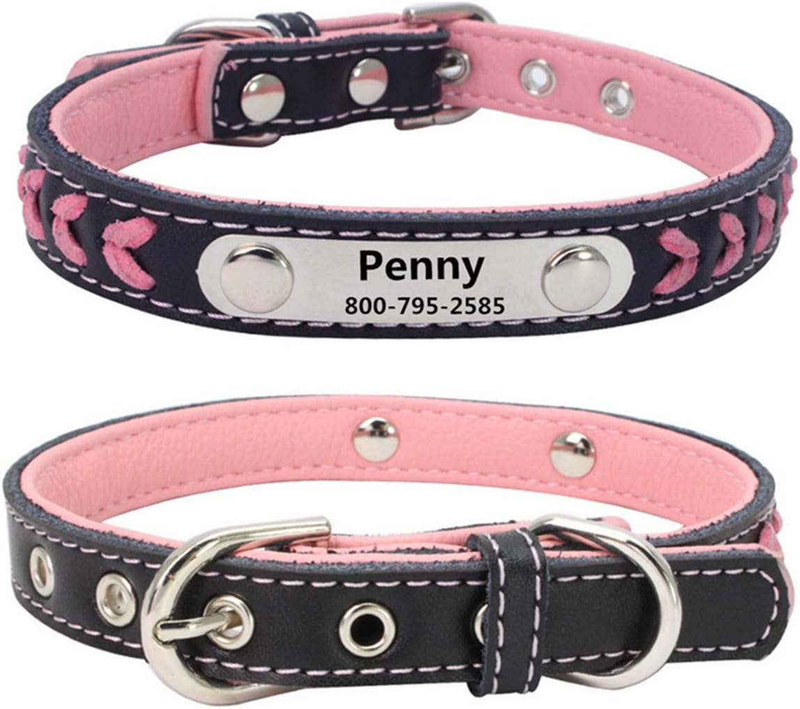 THAIN Leather Custom Collar,Braided Leather Engraved Dog Collars with Personalized Stainless Steel Nameplate for Small Medium Large Dogs (L(Neck 14.17"-18.11"), Yellow)