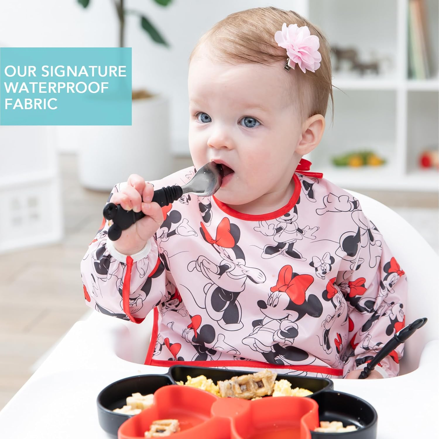 Bumkins Disney Baby Waterproof Sleeved Bib, Minnie Mouse Classic (6-24 Months) image number 4