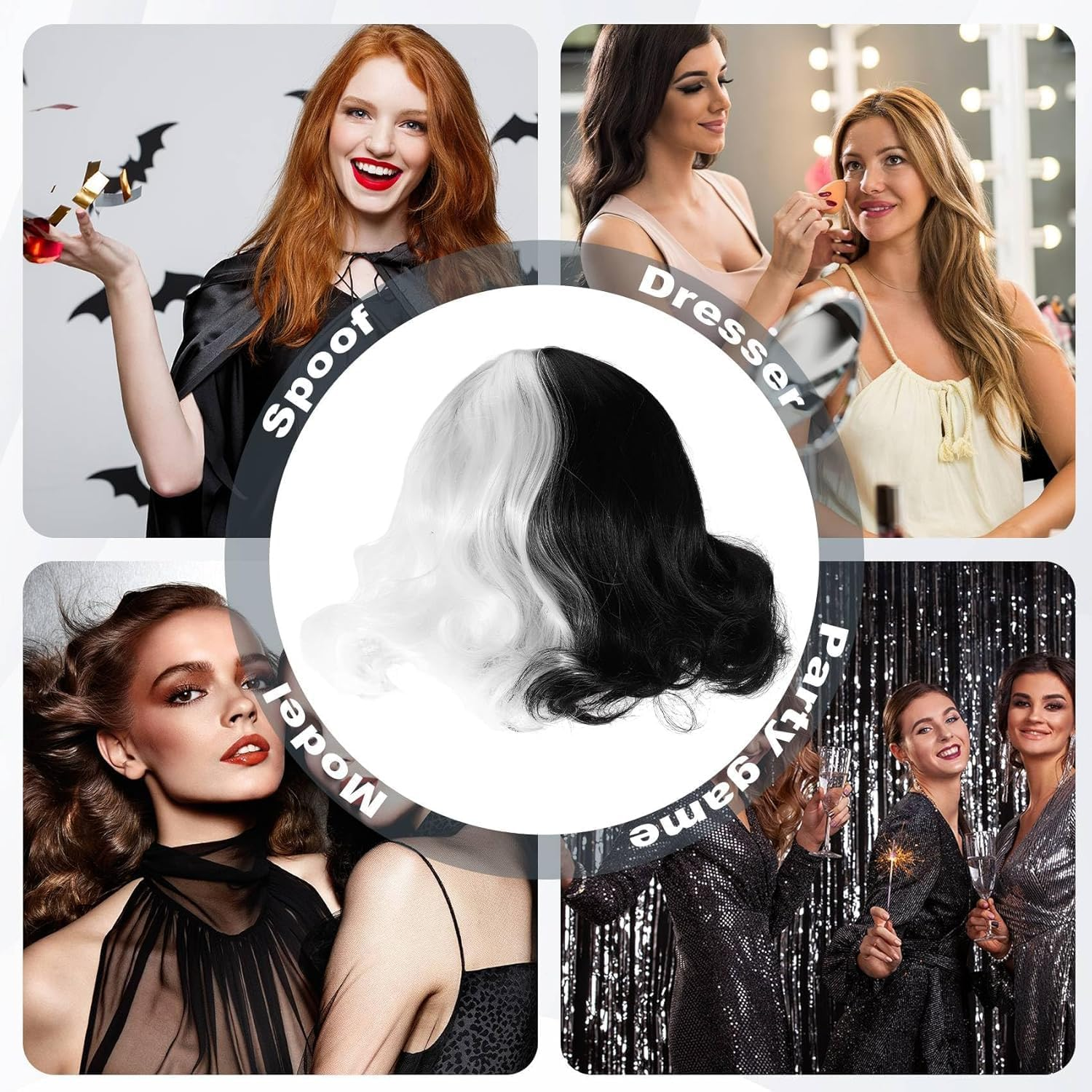 Short Black and White Wig Wavy Half Black and Half White Heat Resistant Women Wig Hair Wig for Daily Costume Cosplay Halloween Party image number 5