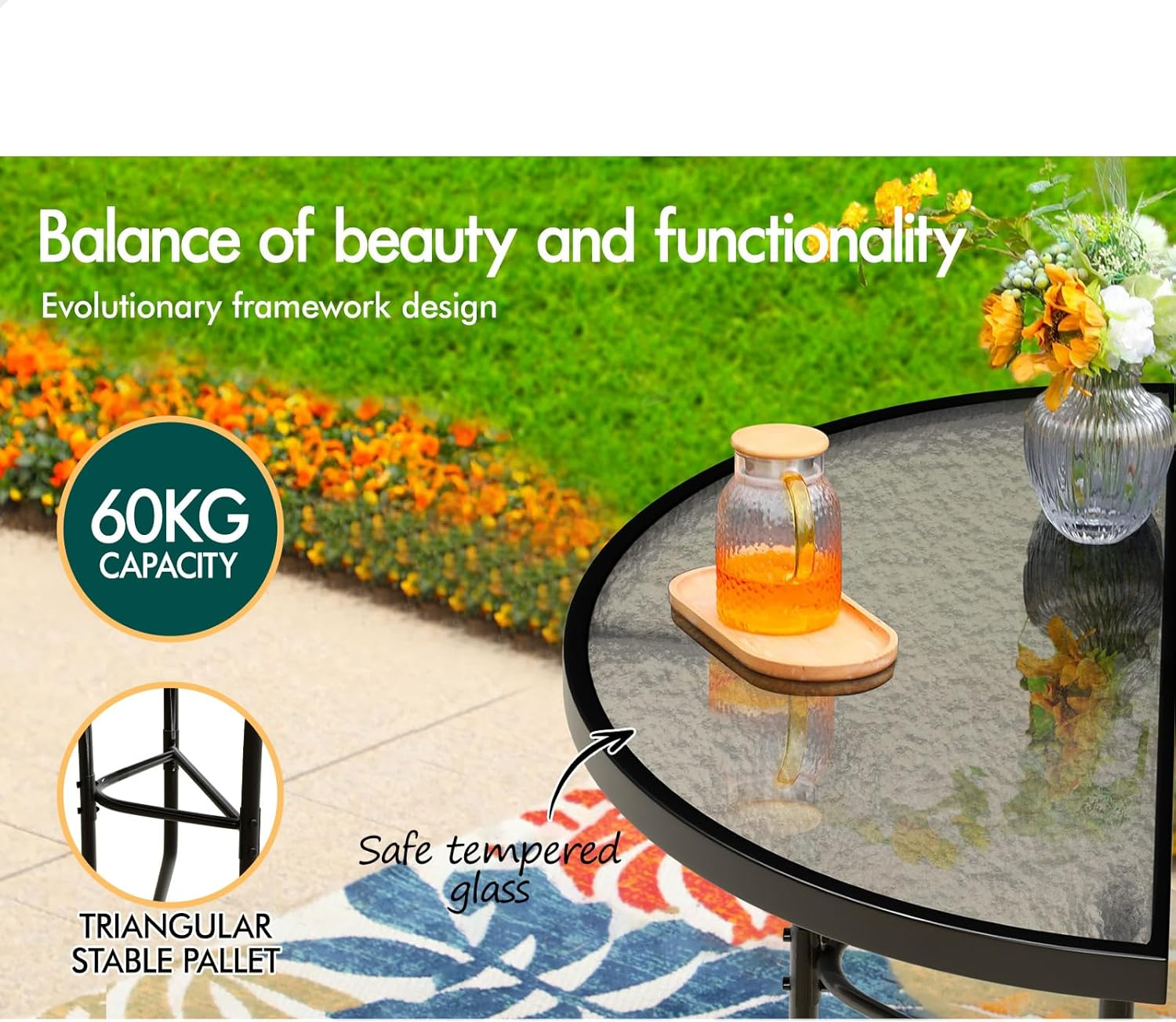 ALFORDSON 3 PCS Outdoor Patio Bistro Set, Lounge Chair & Side Table, Water-Resistant Cushions,Outdoor Table and Chair Set, 2X Armchairs and Semicircle Dia.70Cm, 64Cm(H) Coffee Table, Dark Grey image number 2