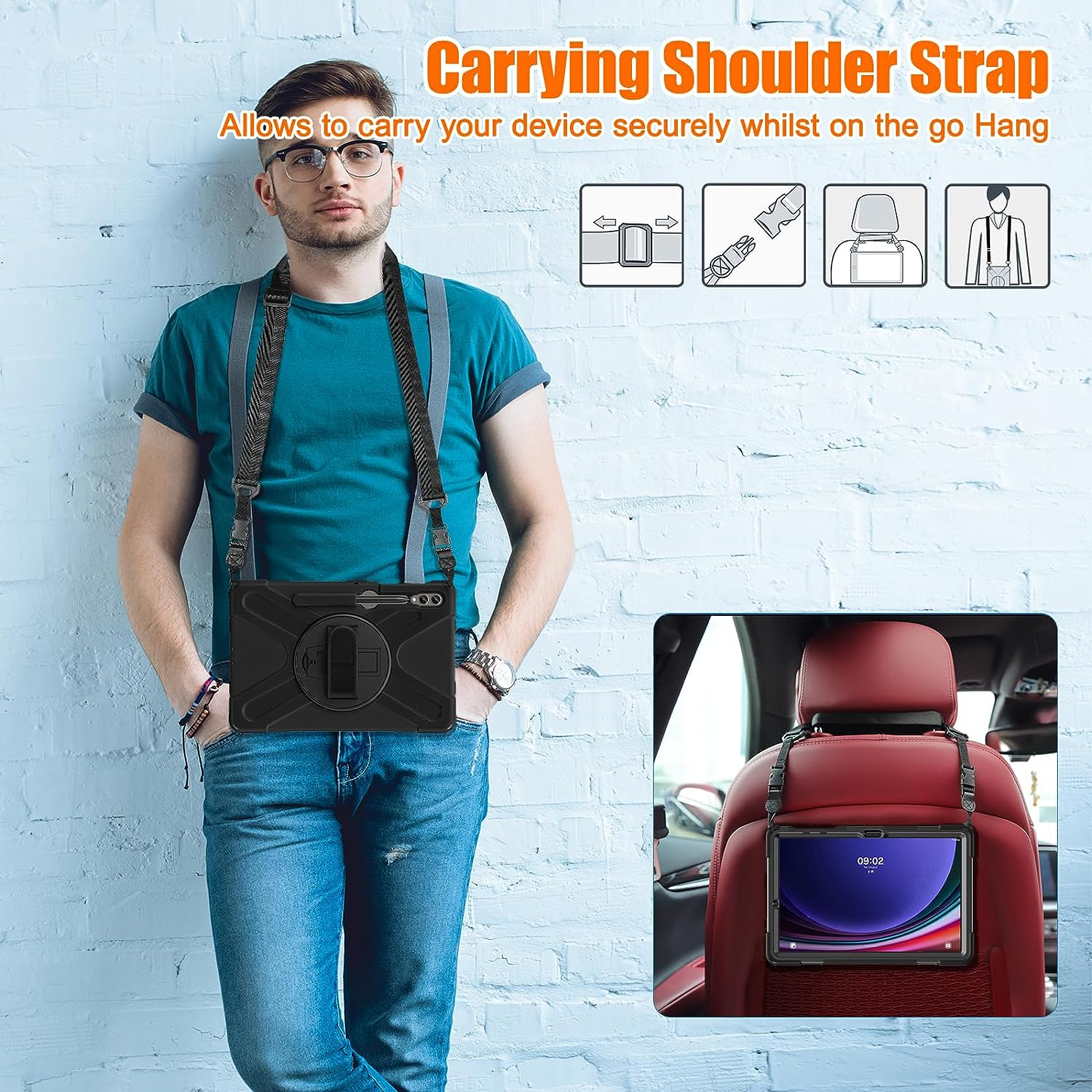 Zenrich Rugged Case for Samsung Galaxy Tab S10 plus / S9 FE+ / S9 plus 12.4 Inch 5G 2024/2023, Shockproof S8+/S7 FE/S7+ Tablet Case with Rotating Stand Pen Holder Hand Strap Shoulder Belt, Black image number 4