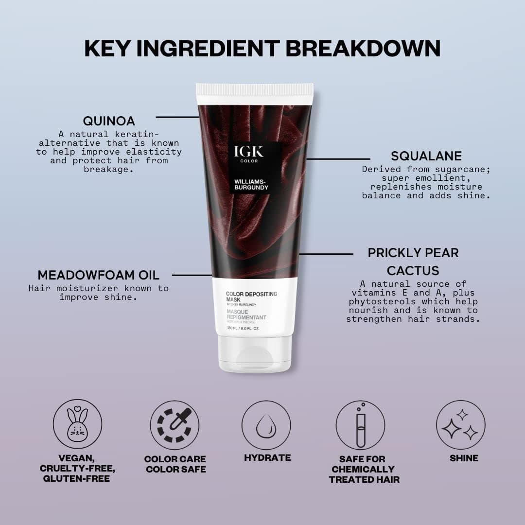 IGK Color Depositing Mask WILLIAMS BURGUNDY - Intense Burgundy | Conditioning + Hydrate + Shine | Vegan + Cruelty Free | 6 Oz image number 5