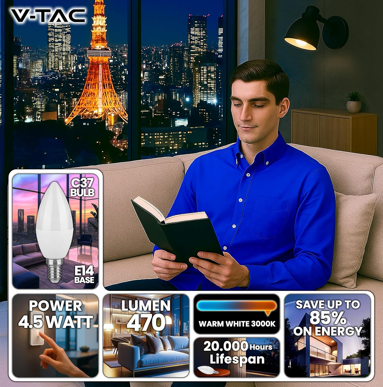 V-TAC 10 X E14-4.5W LED Candle Bulbs (Equivalent to 40W) 470 Lumen 3000K Warm White - Opening of the Light Beam 180&deg; - Maximum Efficiency and Energy Saving Bulb - Warm White image number 2