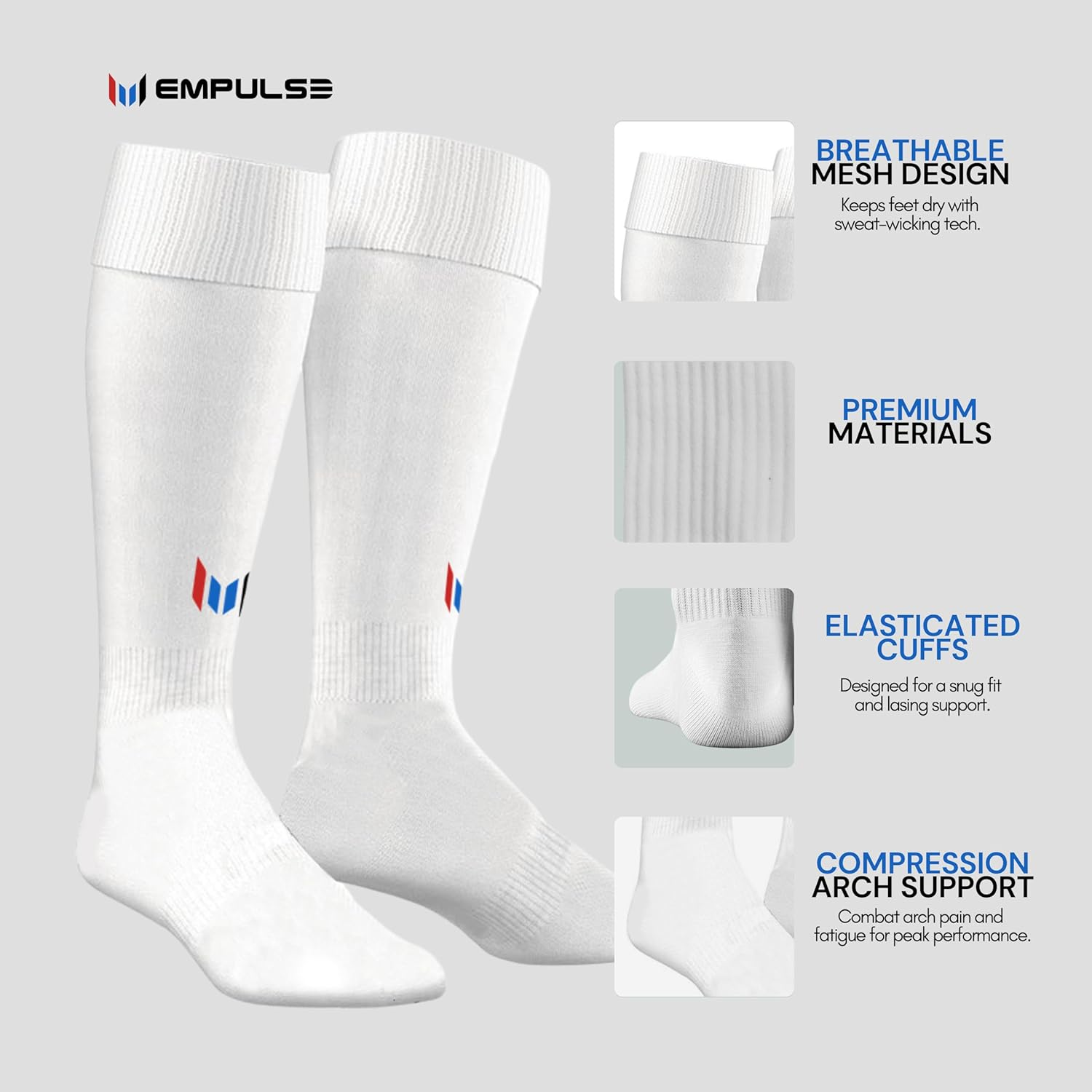 EMPULSE SPORTS Cool-Tech Compression Socks - Breathable, Moisture-Wicking for Soccer, Football, Hockey, Tennis - Adult Sizes 7-12 - Pure White image number 1