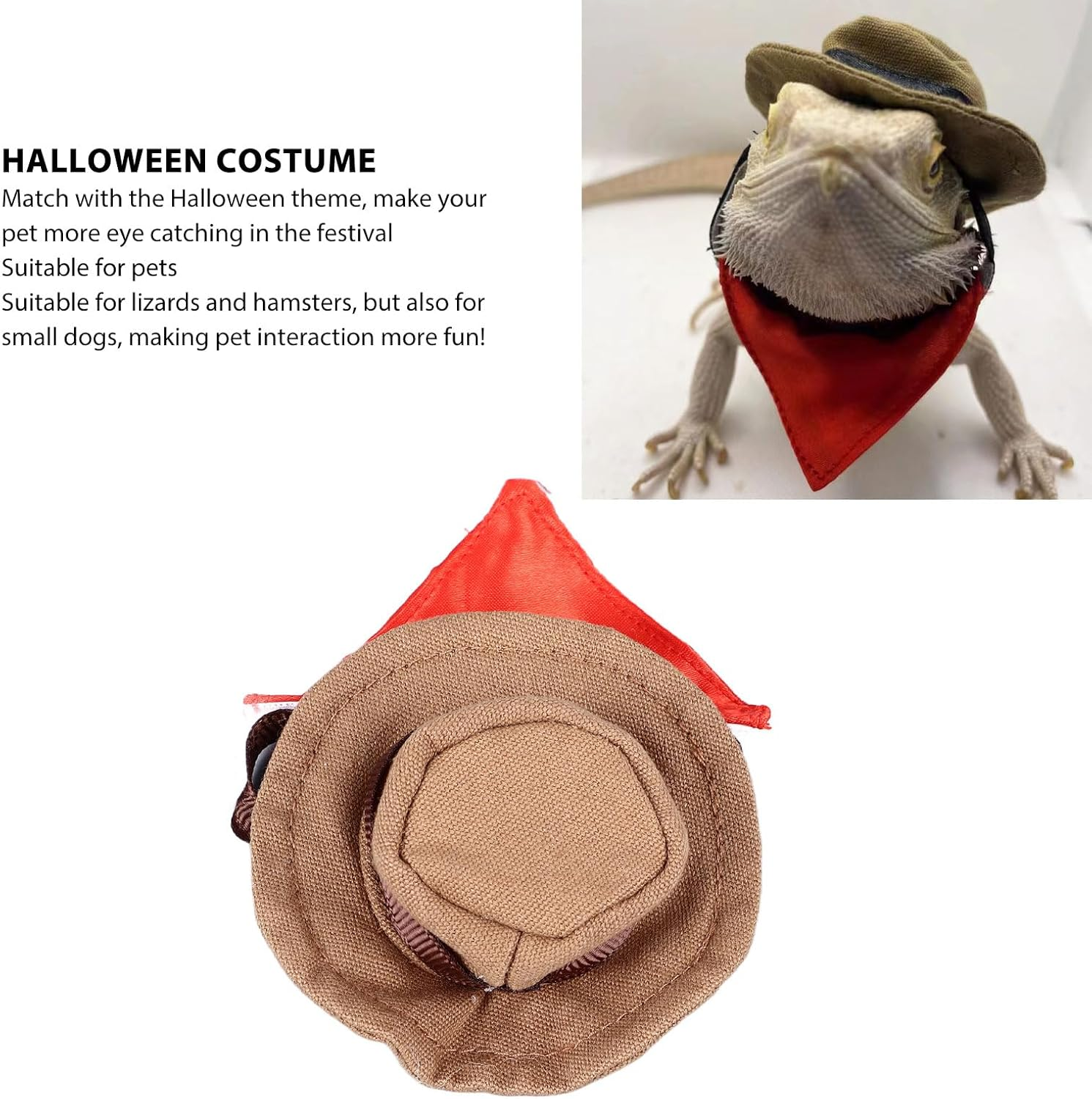 Bearded Dragon Cowboy Hat and Bandana Set, Halloween Lizard Reptile Costume Cool Pet Cap Small Animal Hamster Outfit Suit, Lizard Bandanas Lizard Bowler Hat for Hamster Lizard image number 6