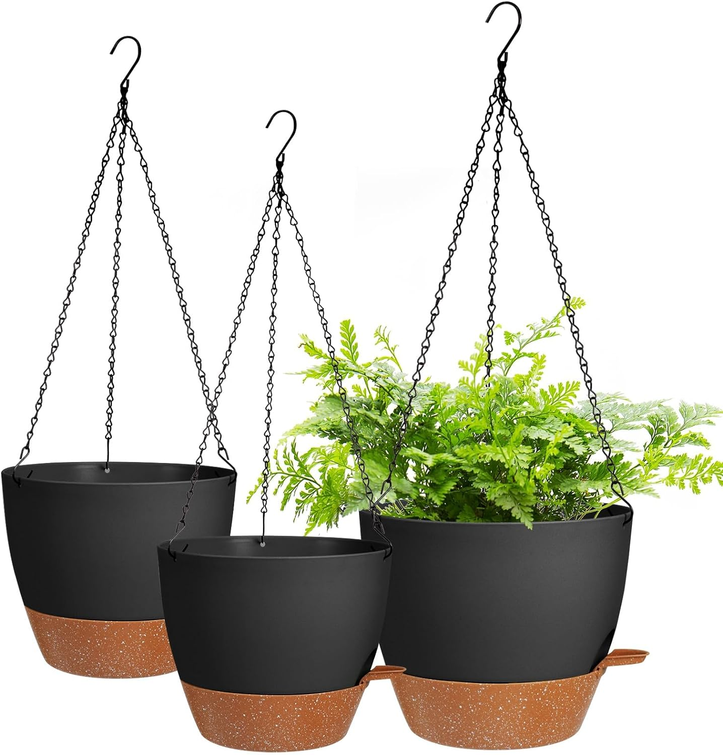 10/9/8 Inch Hanging Planter for Indoor Outdoor Plants, 3 Pack Self-Watering Hanging Pot with Drainage Holes Hanging Planter Baskets Plant Pots with Removable Tray (White+Brown)