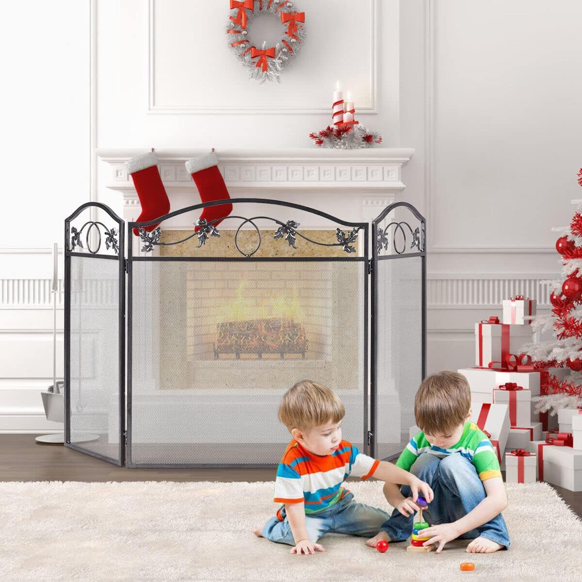 Giantex 3-Panel Fireplace Screen Pet Safety Fence Fireplace Fence, Sturdy Steel Frame, 3 Panel Foldable Fireplace Screen Folding Spark Fire Guard Steel image number 4