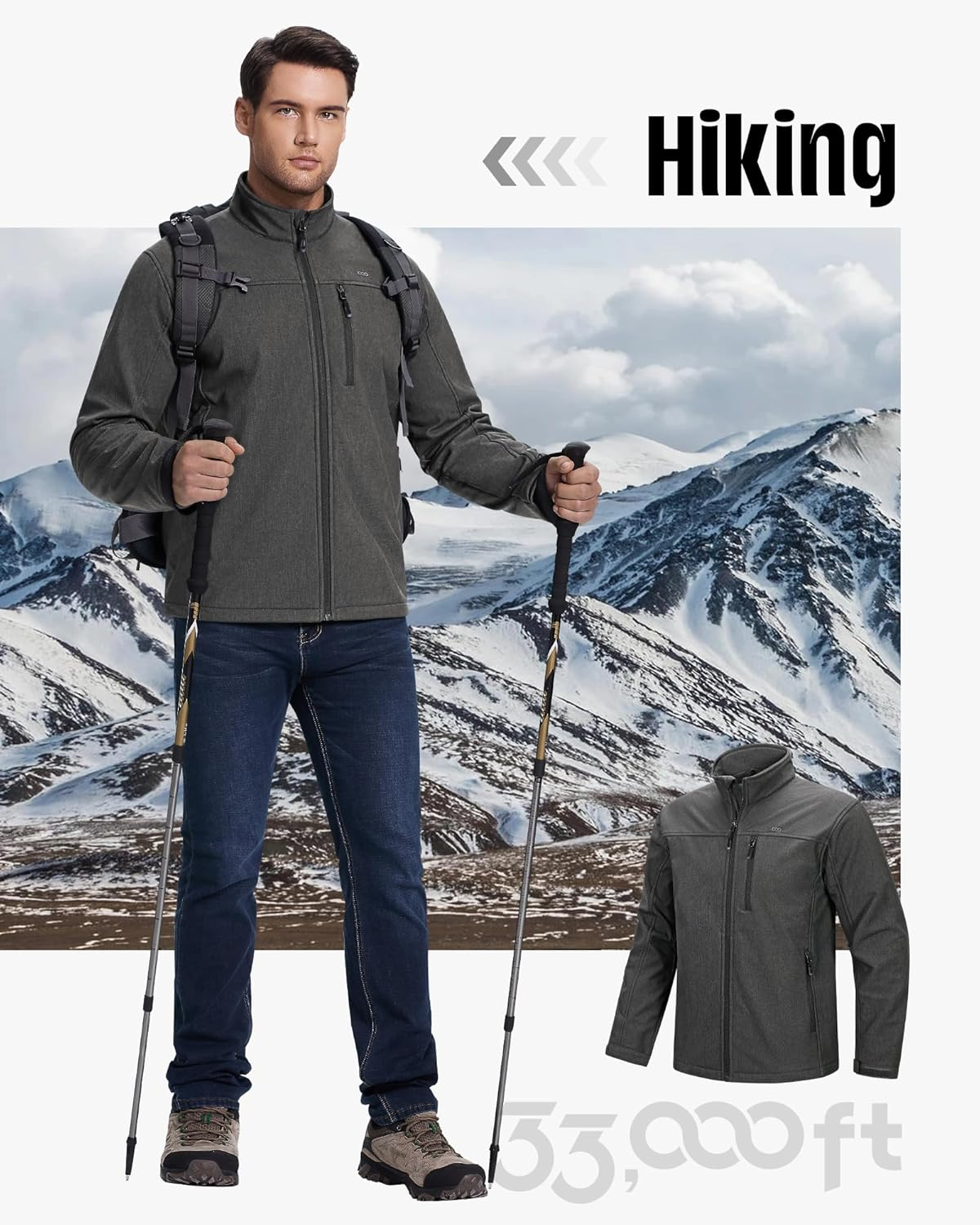 33,000Ft Mens Waterproof Jackets Fleece Lining Softshell Jackets Mens Outdoor Windproof Work Hiking Jackets for Men with Zip Pocket image number 2