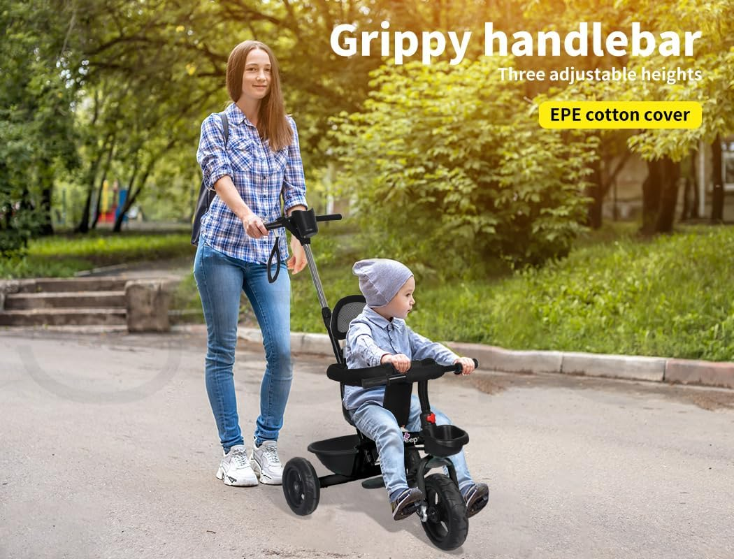 Bopeep Kids Tricycle Ride on Toy Trike Toddler Balance Bike Car Prams Stroller Walker Children Adjustable Handlebar (Black) image number 3