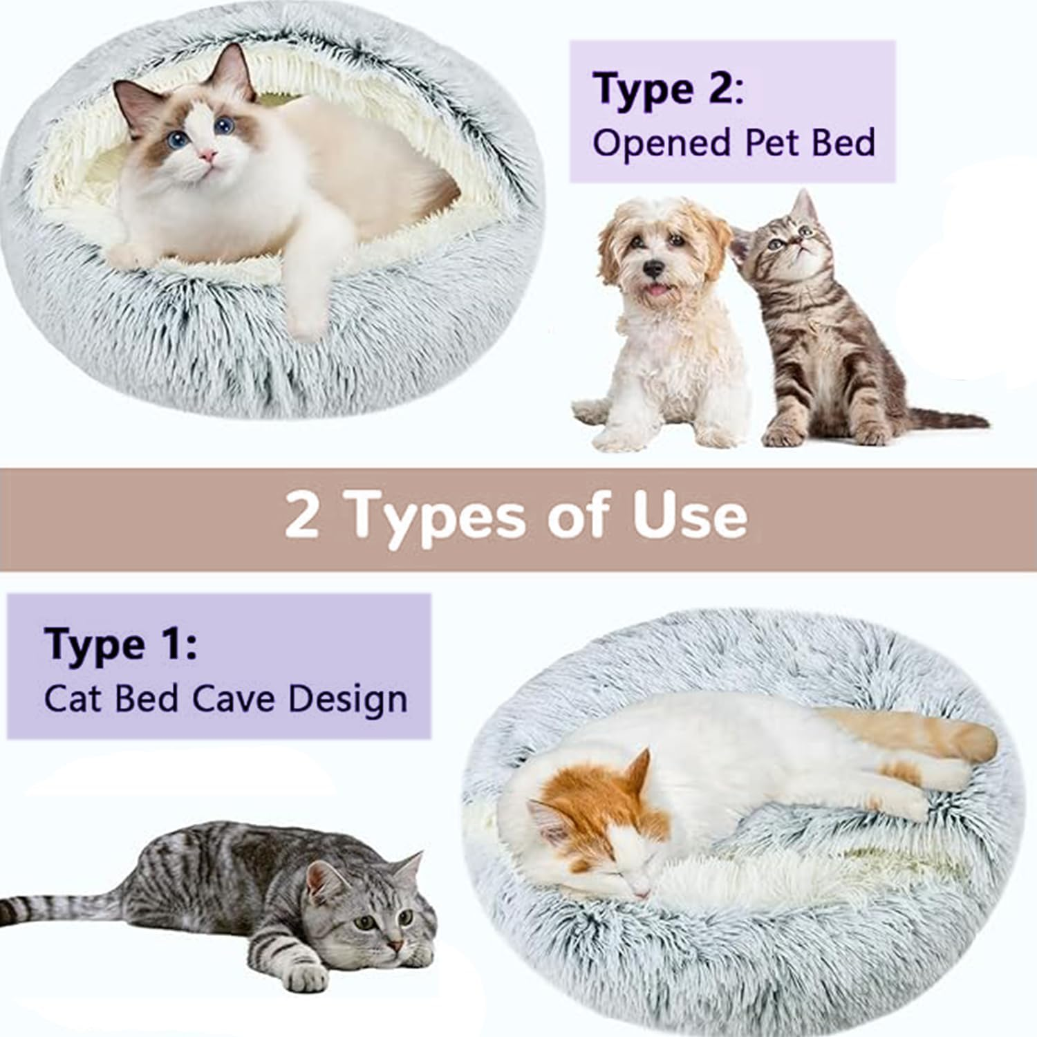 Roczential Small Dog Cave with Cover, Anti-Anxiety Calming Plush Dog Cave Bed, Cat Bed with Cover with Non-Slip Bottom for Puppies and Kittens (50Cm) image number 3