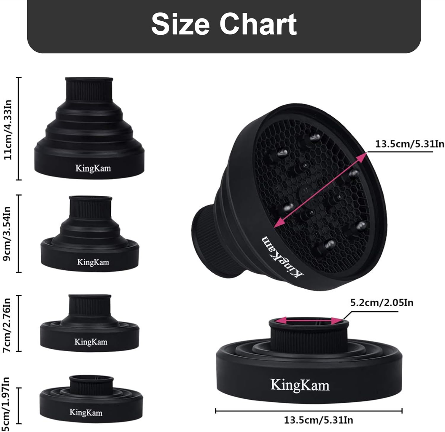 Kingkam Collapsible Hair Dryer Diffuser - Travel and Easy Storage - Diffuser Attachment Fit Most Hair Dryers with Nozzle Diameter D-1.575Inch to 1.968 Inch (4-5Cm) - Black image number 4