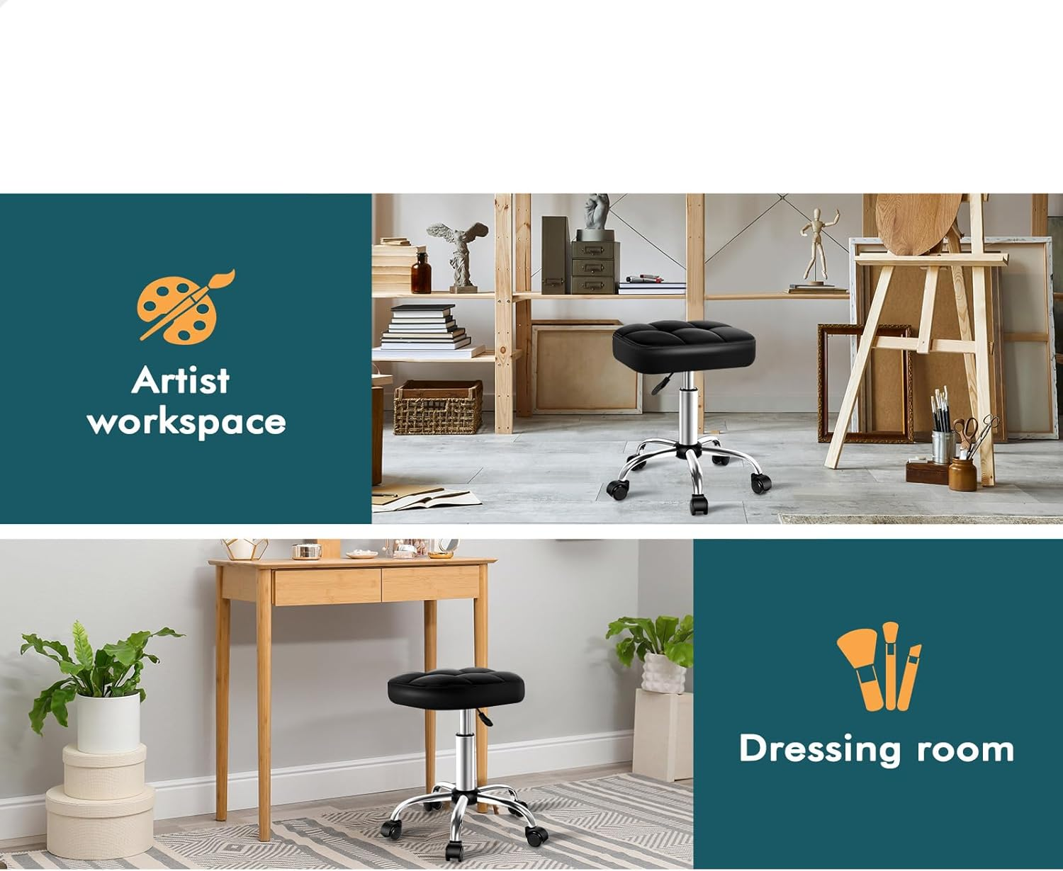 ALFORDSON Salon Stool with PU Leather Upholstery, Adjustable Drafting Rolling Stools in 49-64.5Cm Height, Swivel Spa Chair with Rolling Wheels Hair Barber for Massage Table(Tufan Black) - Tufan Black image number 2