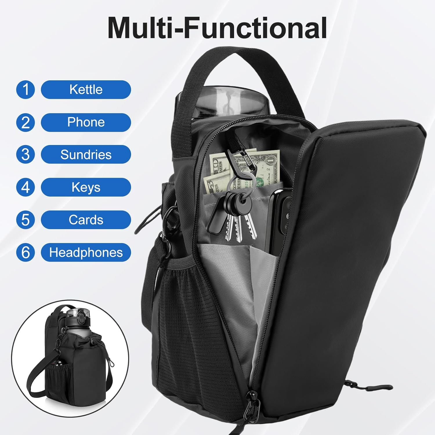 Magnetic Gym Bag, 3X Stronger Magnetic Water Bottle Holder with Strap, Water-Resistant Sports Bag with Anti-Theft Zipper for Travel, Workout, Biking, Gym Gift image number 2