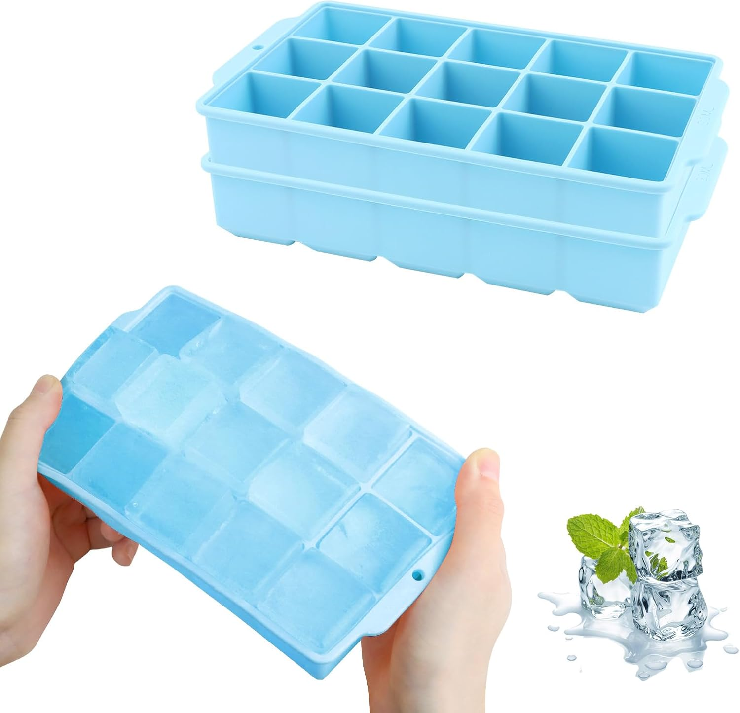 JOPHEK Ice Cube Tray, Pack of 2, 30 Compartments Silicone Ice Cube Tray, Large Square Ice Cubes, 3.5 Cm for Cocktails, Whisky, Wine, Fruit, Fruit Purees, Ice Cream, Iced Tea