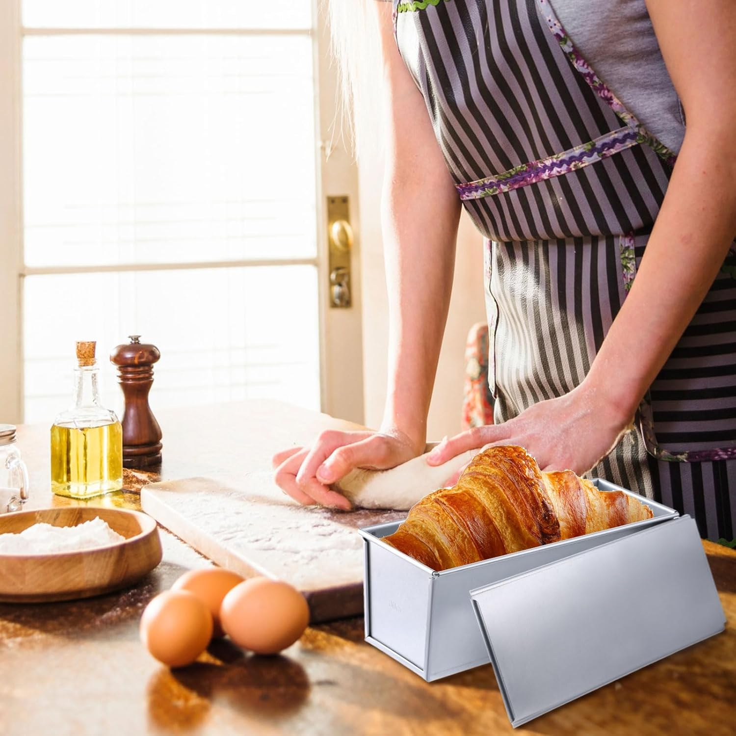 2 Pack Pullman Loaf Pan with Lid, 13X4 Inch Large Capacity Bread Loaf Pan with Cover, Non-Stick Bakeware for Baking and Toasting image number 3