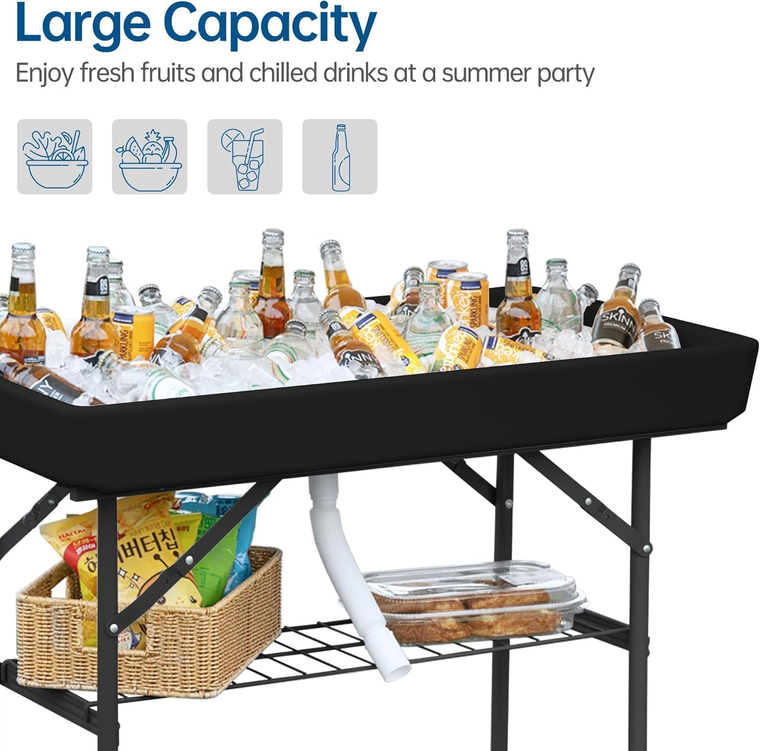 Outdoor Ice Cooler Folding Table, Portable Tailgate Camping Fishing Cleaning Table, Plastic with Matching Skirt, Ice Table for Party, BBQ, Camp, Picnic, Wedding (Black)