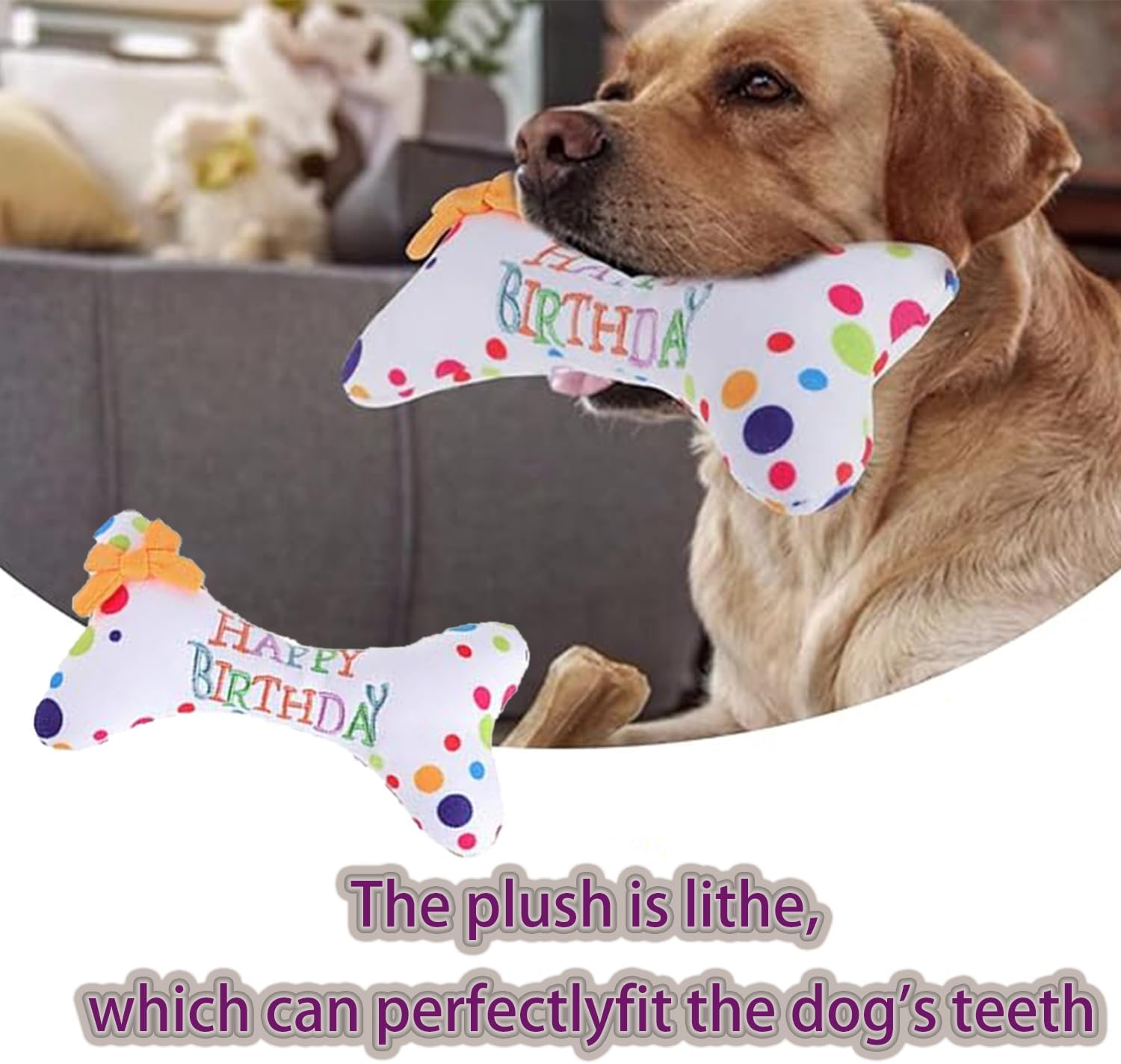 Roczential Dog Birthday Squeaky Plush Toy, Cute Bone Shape Dog Chew Toy, Stuffed Puppy Toys for Puppy Dog Cleaning Teeth image number 6