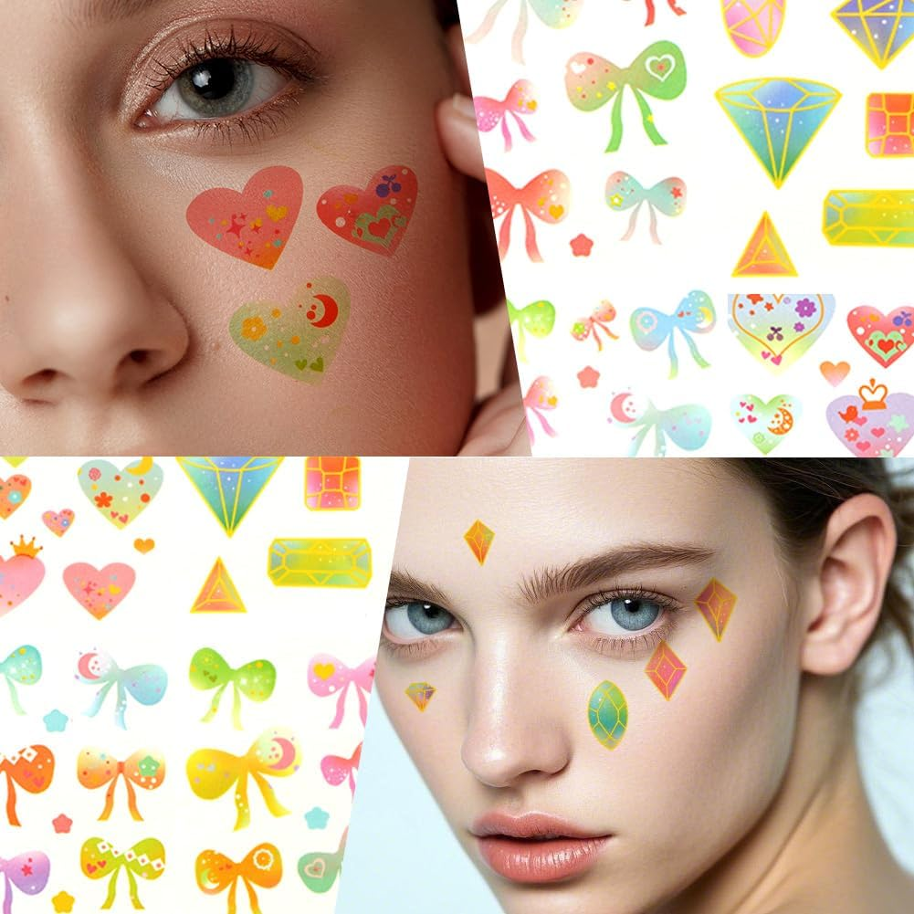 SOFPLATE 1 Box 36 Sheets 3 Styles Heart Stickers Tattoo Pastel Temporary Tattoo Bulk Pack Colourful Bow Tie Gemstone Diamond Cute Cartoon Stickers for DIY Crafts Photo Album Scrapbook Party D image number 4
