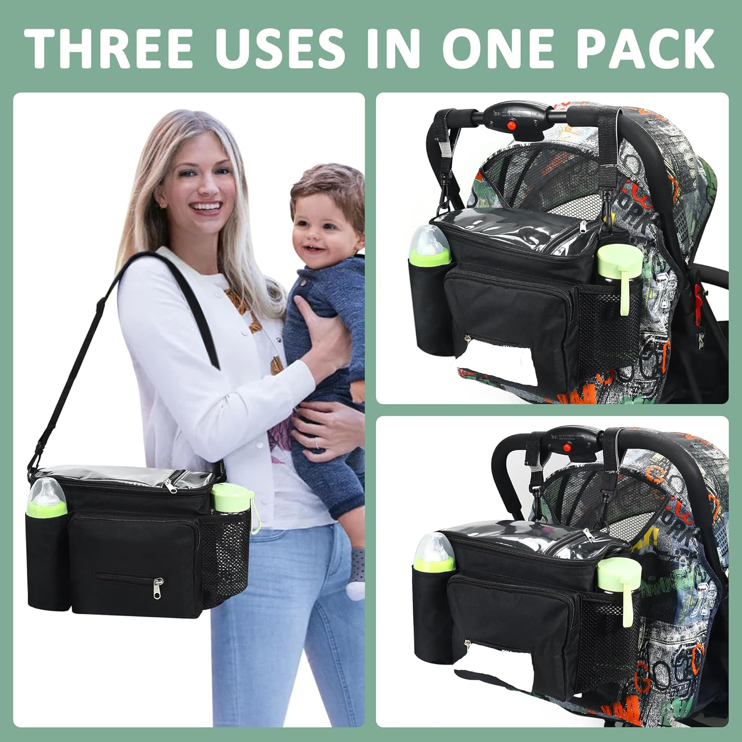 Upgraded Pram Organiser with Touch Screen Phone Pocket Buggy Bag Universal Mummy Baby Pram Bags Cup Holders Shoulder Strap Waterproof Pushchair Bag Handbag Backbag Pram Accessories image number 1
