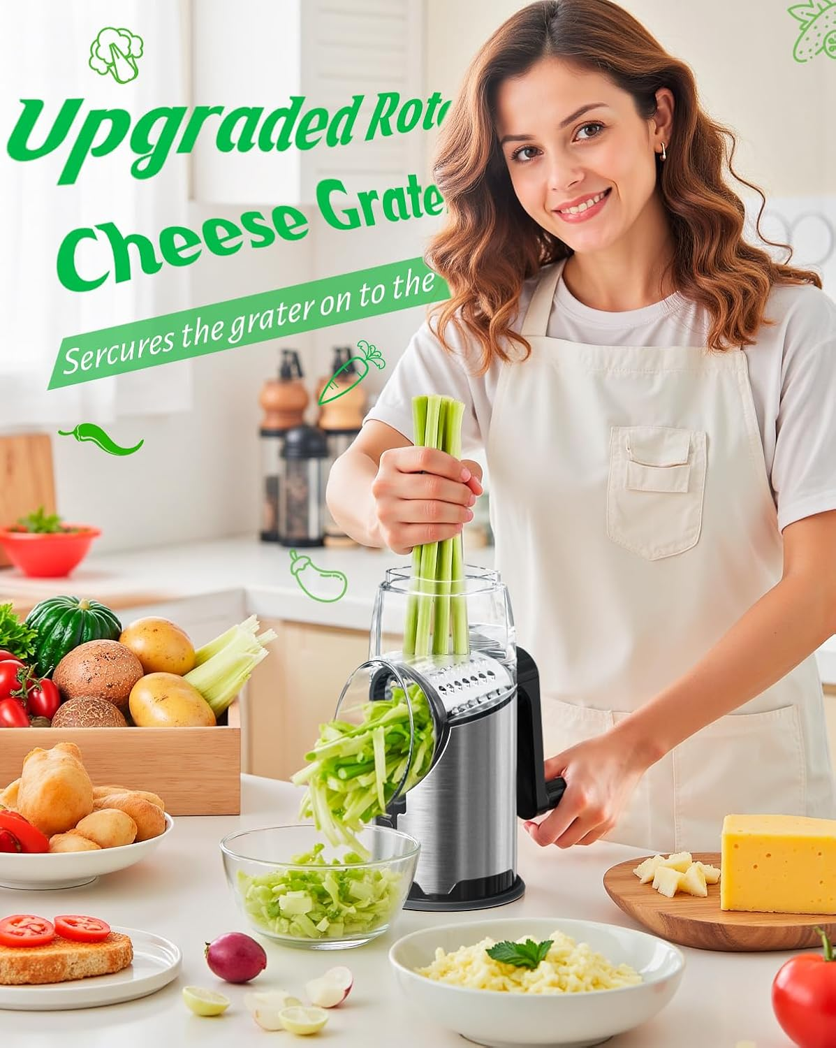 AUSELECT Cheese Grater Rotary - Hand Crank Vegetable Shredder Slicer Stainless Steel with 3 Blades, Easy to Clean Table Top Drum Grater with Anti-Slip Base Chopper Cutter for Kitchen Fruit, Nuts image number 4