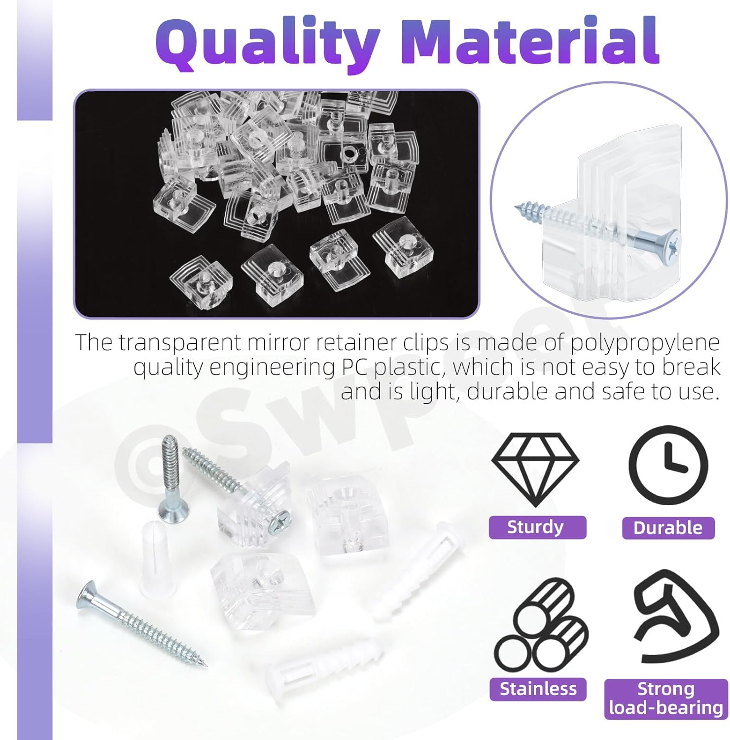 Swpeet 30 Sets Clear Plastic Mirror Holder Clips Kit with Screws, Retainer Clips Kit, Mirror Hanging Kit, Clear Plastic Mirror Mounting Clips, Mirror Hanging Hardware for Fixing Cabinet Door(E Style)