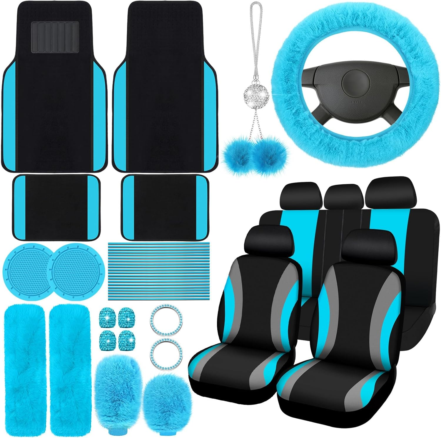 ROCEEI 47 Pcs Car Seat Cover Full Set Car Accessories for Front Rear Seat Fluffy Steering Wheel Cover Belt Automotive Floor Mats Air Conditioner Decoration Strip(Lake Blue)
