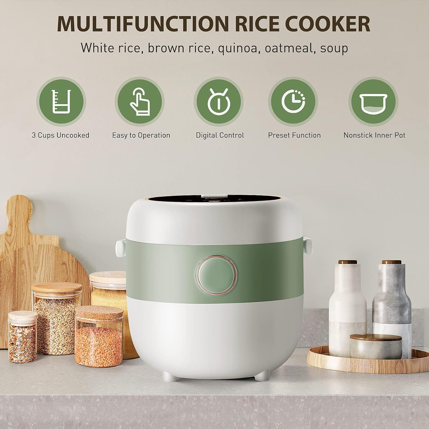 Mini Rice Cooker, 1.6L Portable Healthy Nonstick Small Rice Cooker with Food Steamer, 12H Pre-Set Function, Touch-Screen, for White Brown Rice Quinoa Oatmeal Soup, Bpa-Free, White image number 5