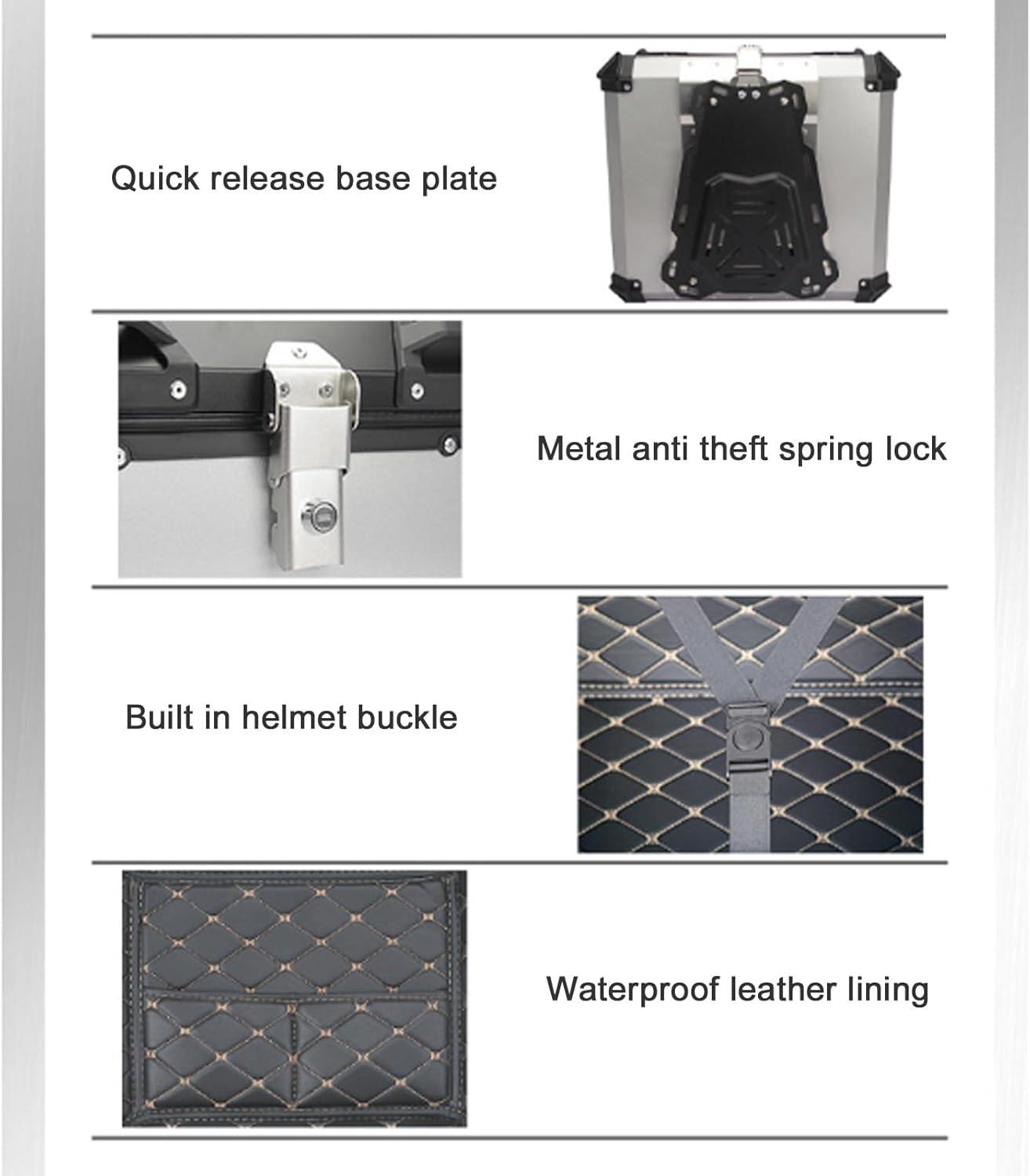 45L Motorcycle Top Case, Aluminum Universal Motorbike Tail Box Trunk Storage with Security Lock for Helmet Luggage, Waterproof Motorcycle Top Box with Back Cushion image number 3