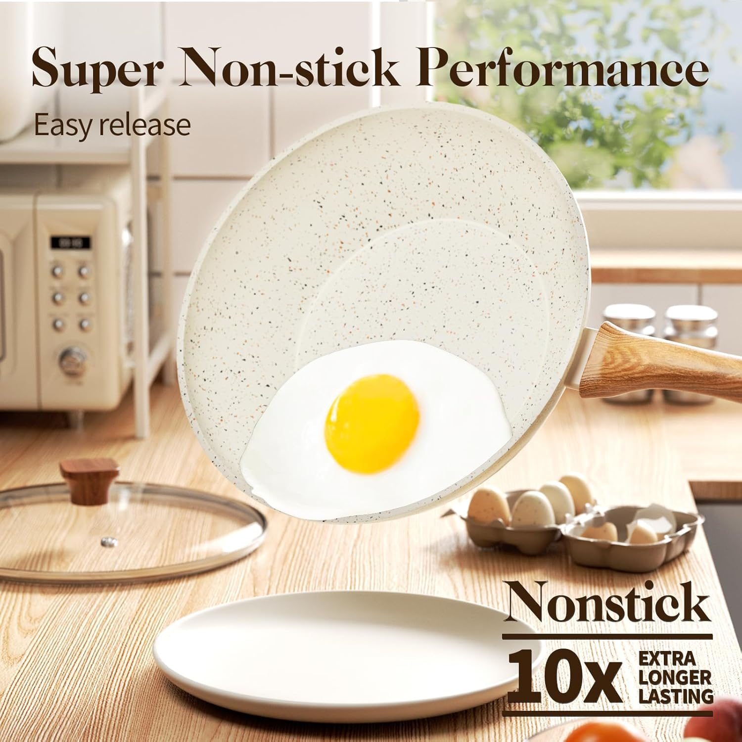 Innerwell Pots and Pans Set Nonstick, 13 Piece Kitchen Nonstick Cookware Sets with Bakelite Handles, White Granite Non-Toxic Non Stick Cooking Set, Induction Compatible(Pfos, PFOA Free) image number 4