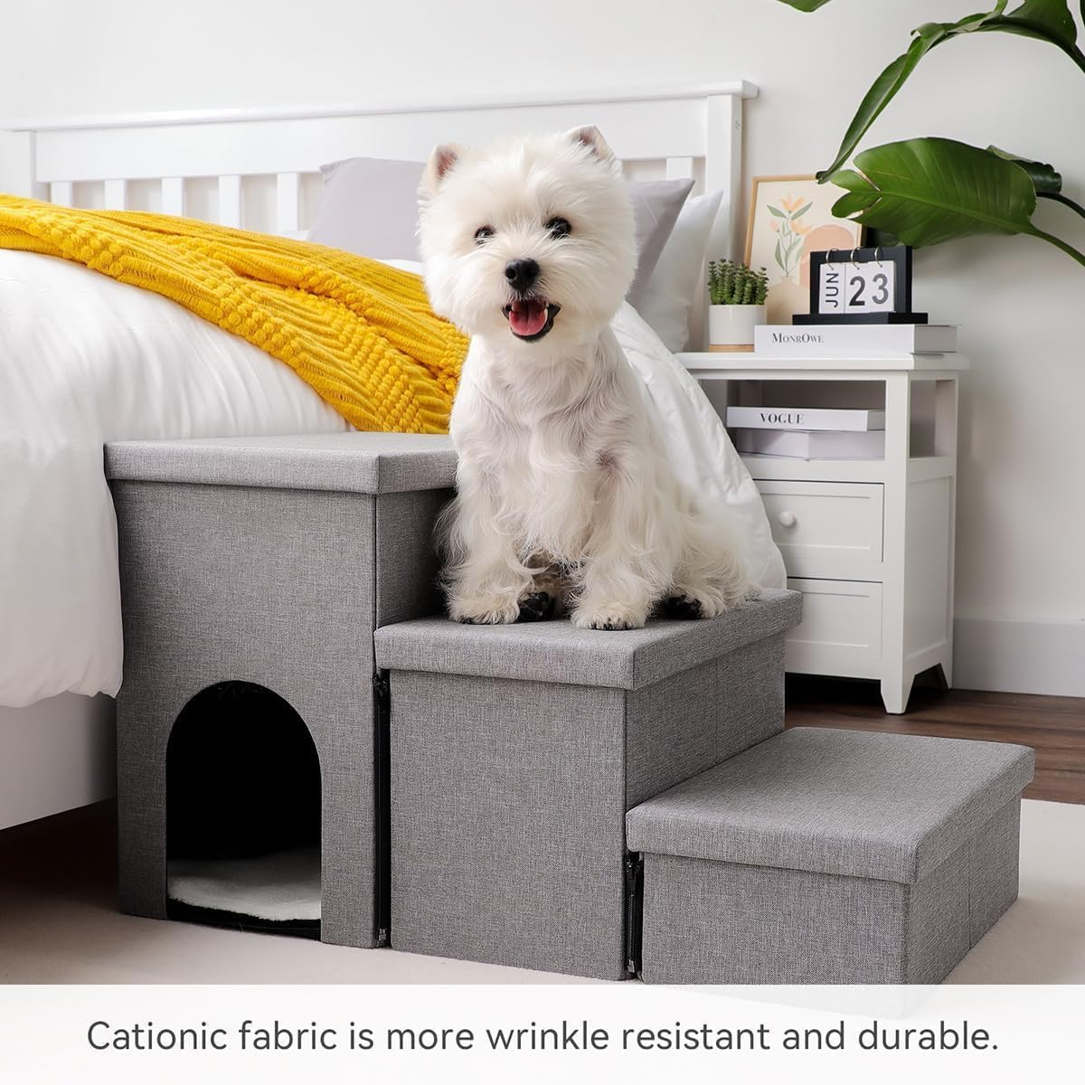 Dog Step Stairs with Storage, Foldable 3-Step Wider Dog Steps for High Beds Couch, Portable Cat & Puppy Steps, Dog Stair Ramp with Storage Box image number 1