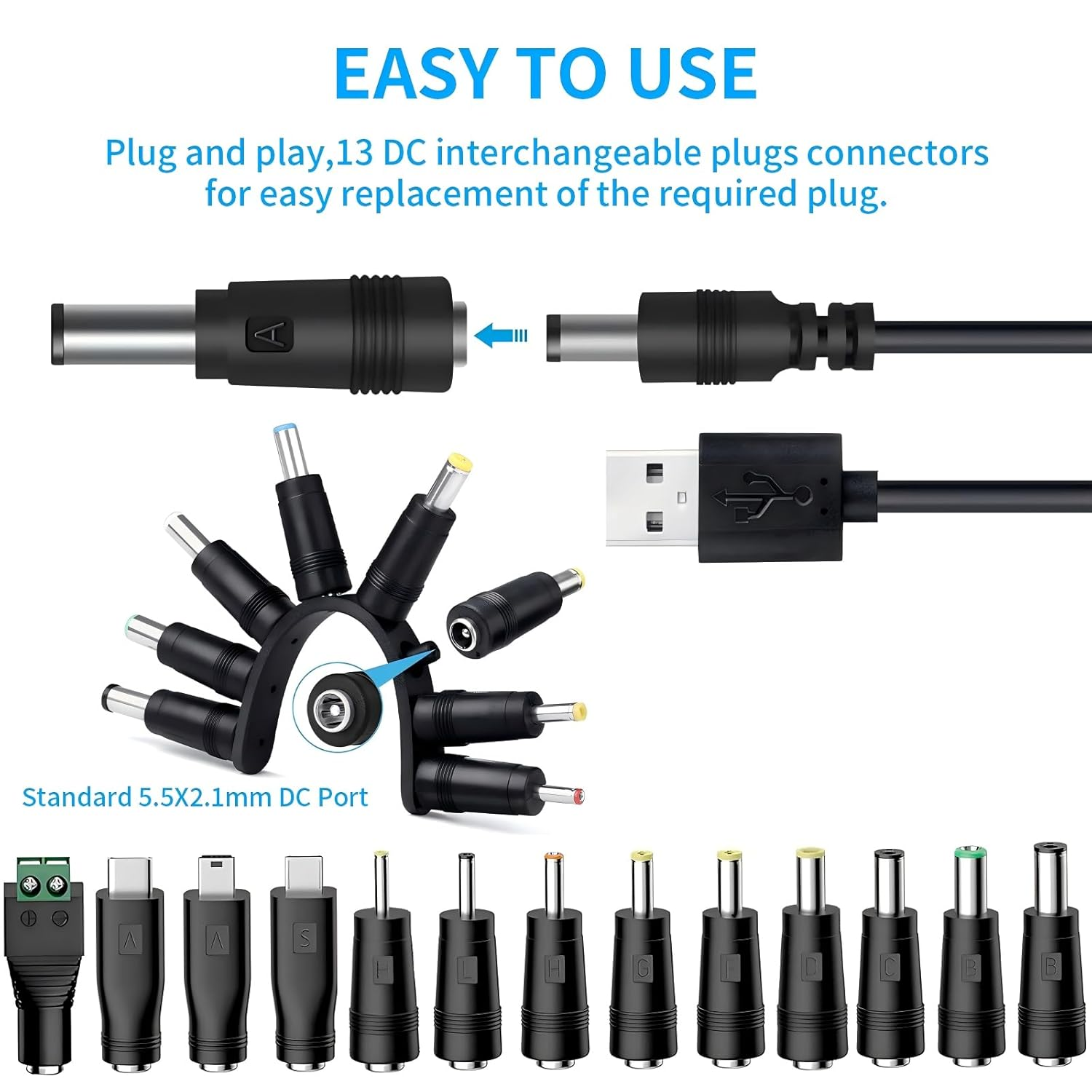 5V USB to DC Charging Cable, DC 5.5 X 2.1Mm with 13 Connectors, Universal Power Cord for Toys, Watches, Phones, Fan, Speaker, Headset, Table Lamp, LED Light Strip, Monitor, Router, Power Cable 3.3FT image number 1
