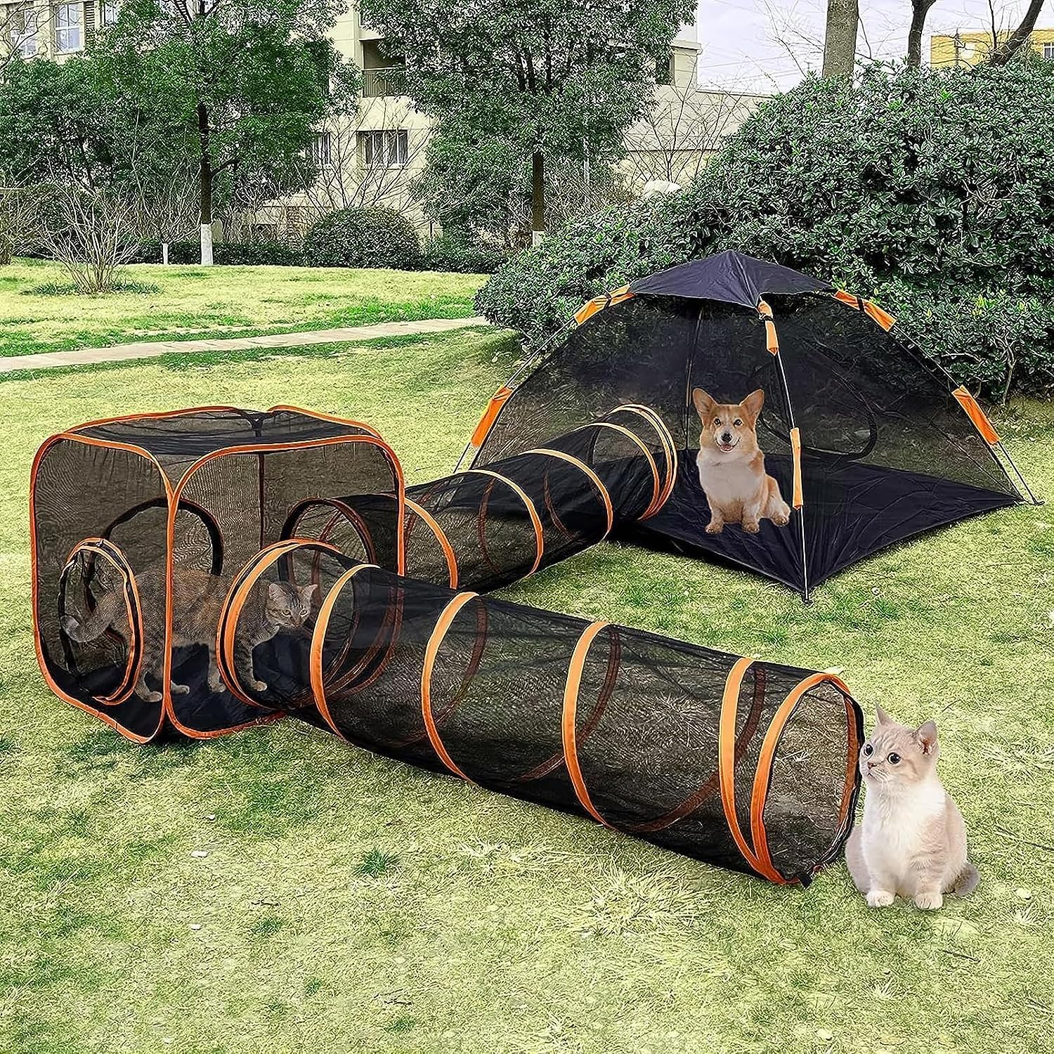 4-In-1 Cat Tunnel for Indoor Cats Outdoor Cat Enclosures Cat Toys Portable Pet Cat Tent Mesh Pet Tunnel Playpen for Small Animal image number 5