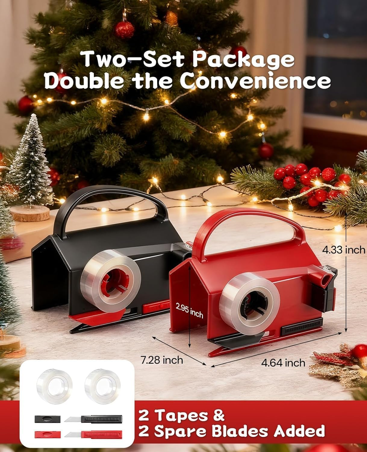 2-Pack Wrapping Paper Cutter & Tape Dispenser with 4 Tape Rolls, 2 Replacement Blades -Dual-Function Gift Wrap Tool for Christmas, Birthday, Holiday Crafting and Office Use image number 3