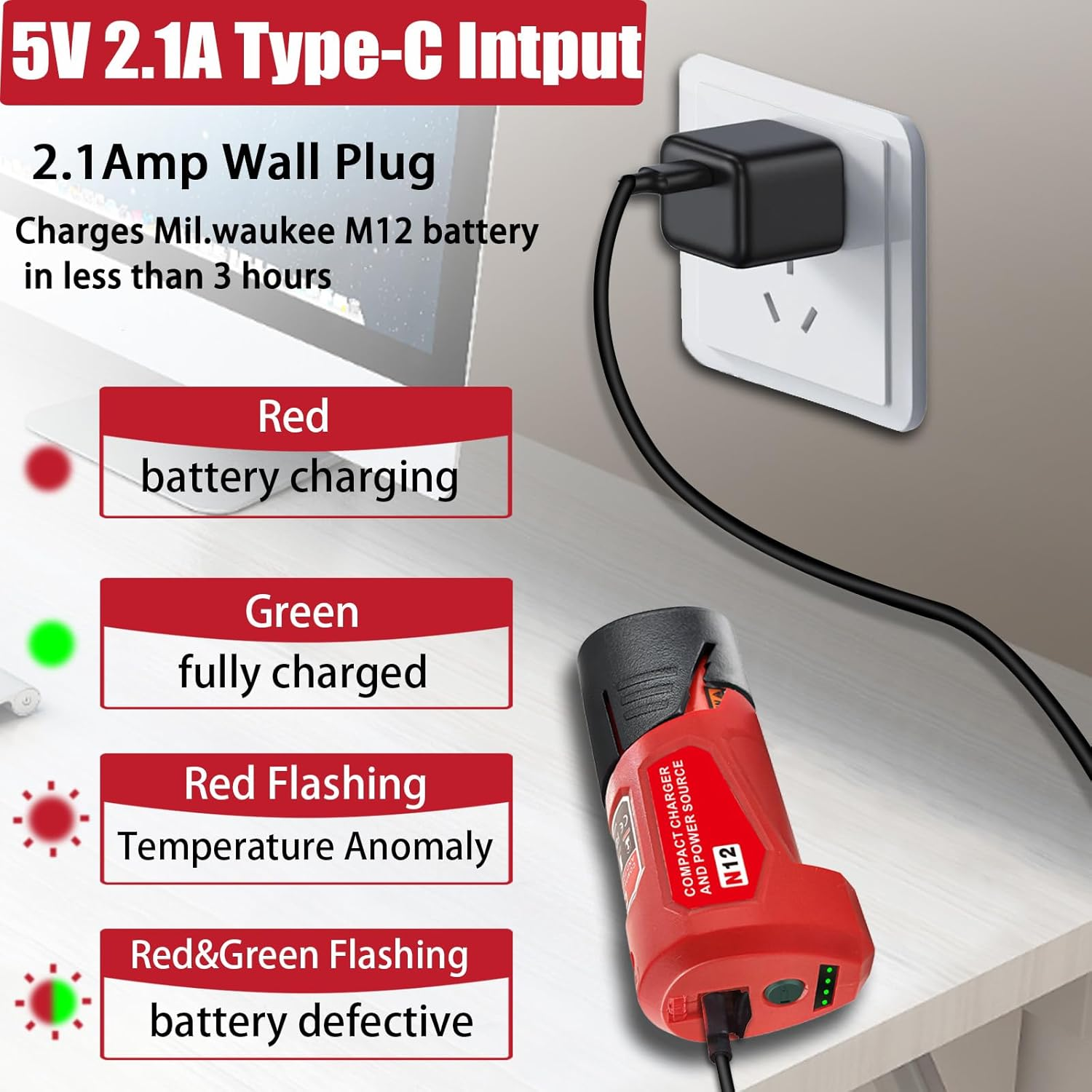 M-12 Battery Charger with Type-C Port & DC 12V Outlet，Power Source Replacement for Milwaukee M12 12V Battery Adapter for Milwaukee Heated Jacket 49-24-2310 Compatible with 48-11-2420 48-11-2411 image number 6