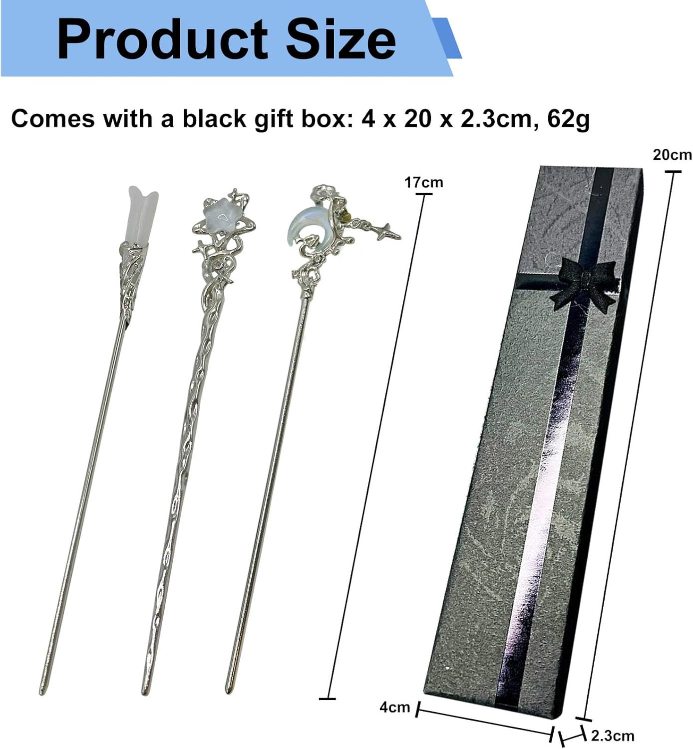 BRDXOOL Pack of 3 Women'S Hair Pins Star and Moon Hair Pins Long Hair Pin Sets Simple Hair Pins Retro Hair Pins Metal Silver Hair Pins for Girls Gifts image number 4