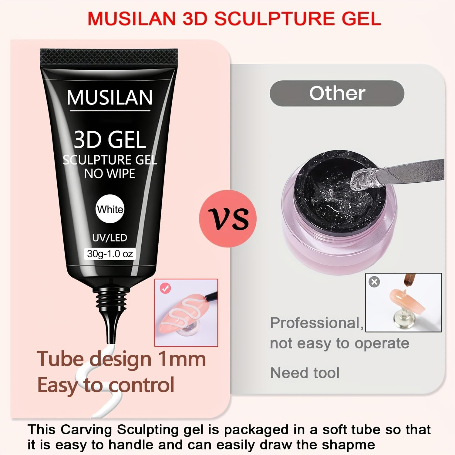 3D Nail Gel Art - 30G White Nail Sculpting Gel for Nails Tips,Molding, Drawing, Nail Charms & Gems, Chrome Powder and Rhinestone Design No Wipe, UV Curing Needed Salon & DIY Use image number 4