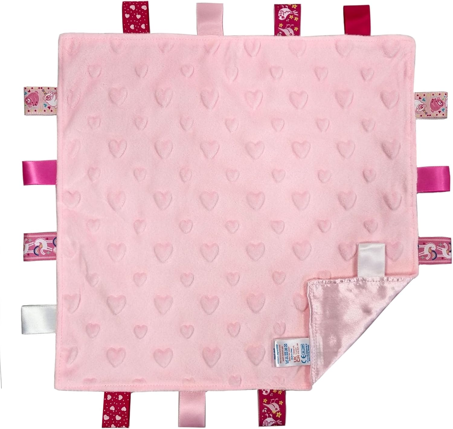 Soft Touch Taggie Dimple Comforter Baby Comfort Blanket with Sensory Tags and Bubble/Heart/Star/Foil Print Pattern (Dimple) (Pink, 35Cm X 35Cm)