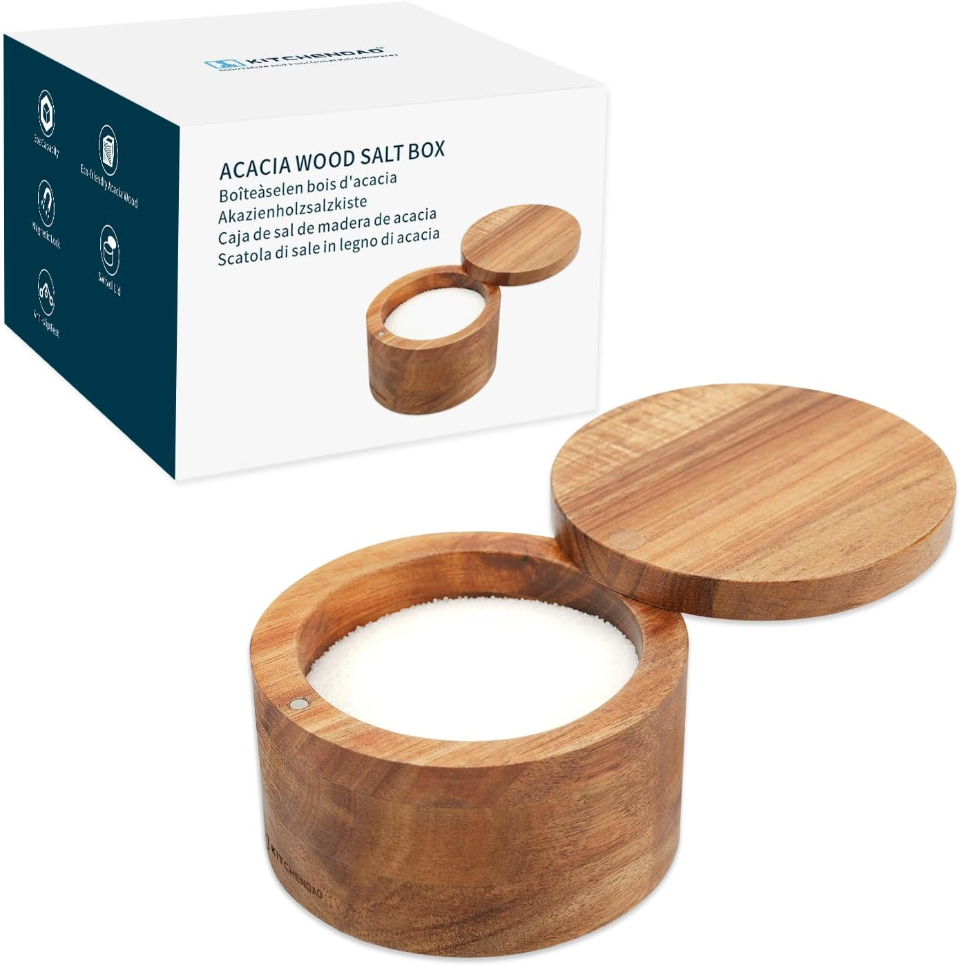 KITCHENDAO Acacia Wood Salt Cellar Bowl Box, Elegant Kitchen Salt Container Holder with Swivel Magnetic Lid to Store Pepper Spice Bath Salt Sea Salt Herbs or Favorite Seasonings, 6Oz