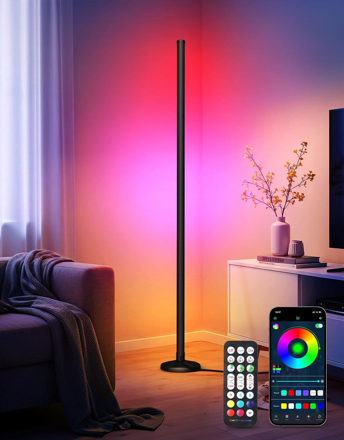 OUTON LED Smart RGBCW Corner Floor Lamp with APP and Remote Control, Dimmable Floor Lamps with 16 Million Colours, Music-Sync, Timer, Height Adjustable for Living Room Bedroom Gaming Room, 1Pack image number 1