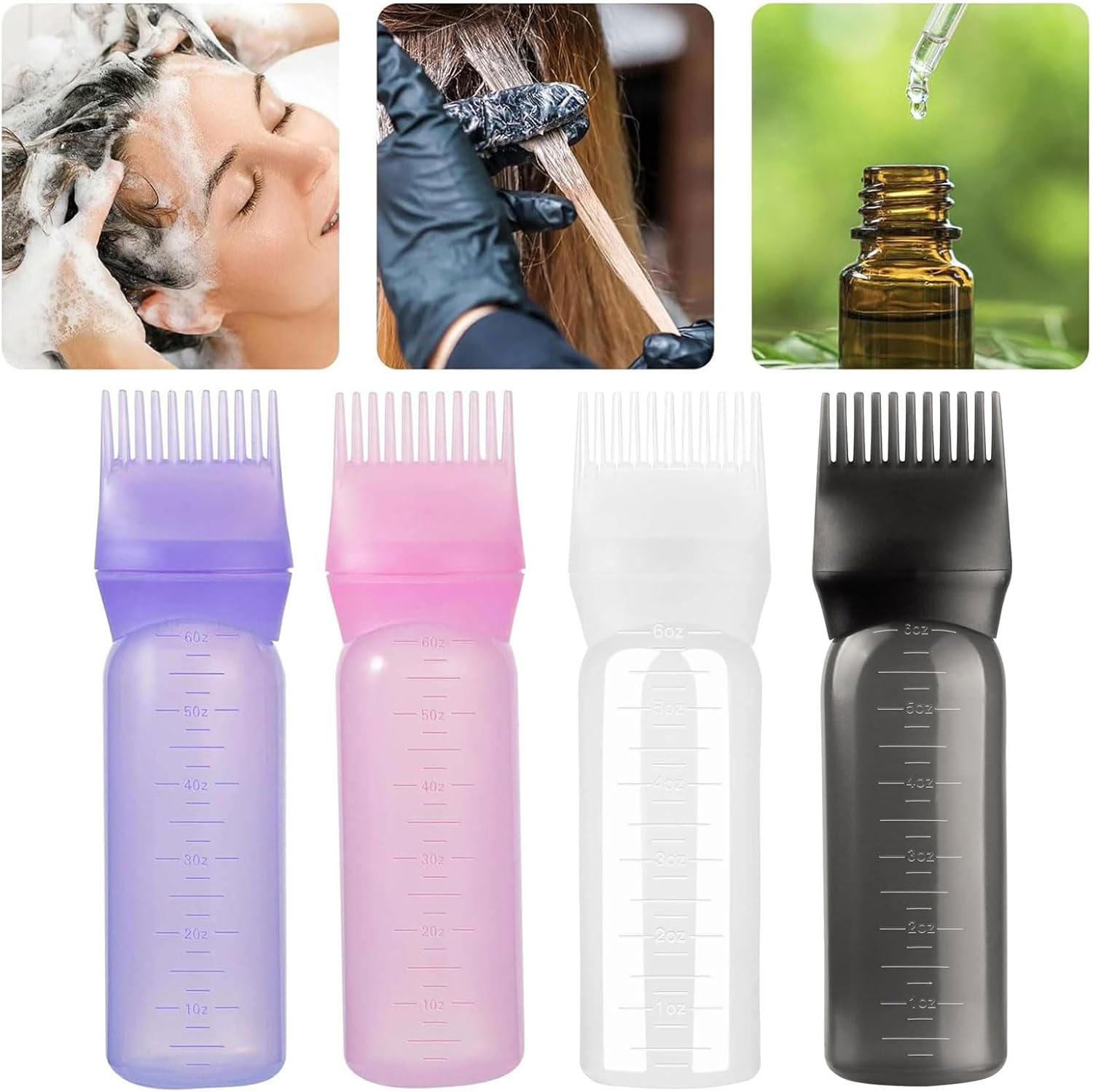 6 Oz Large Capacity Root Comb Applicator Bottle, Hair Dye Brushroot Comb Squeeze Applicator Bottles with Graduated Scale for Salon Hair Coloring Dyeing Scale for Home DIY Use. (White, 4 Pcs) image number 1