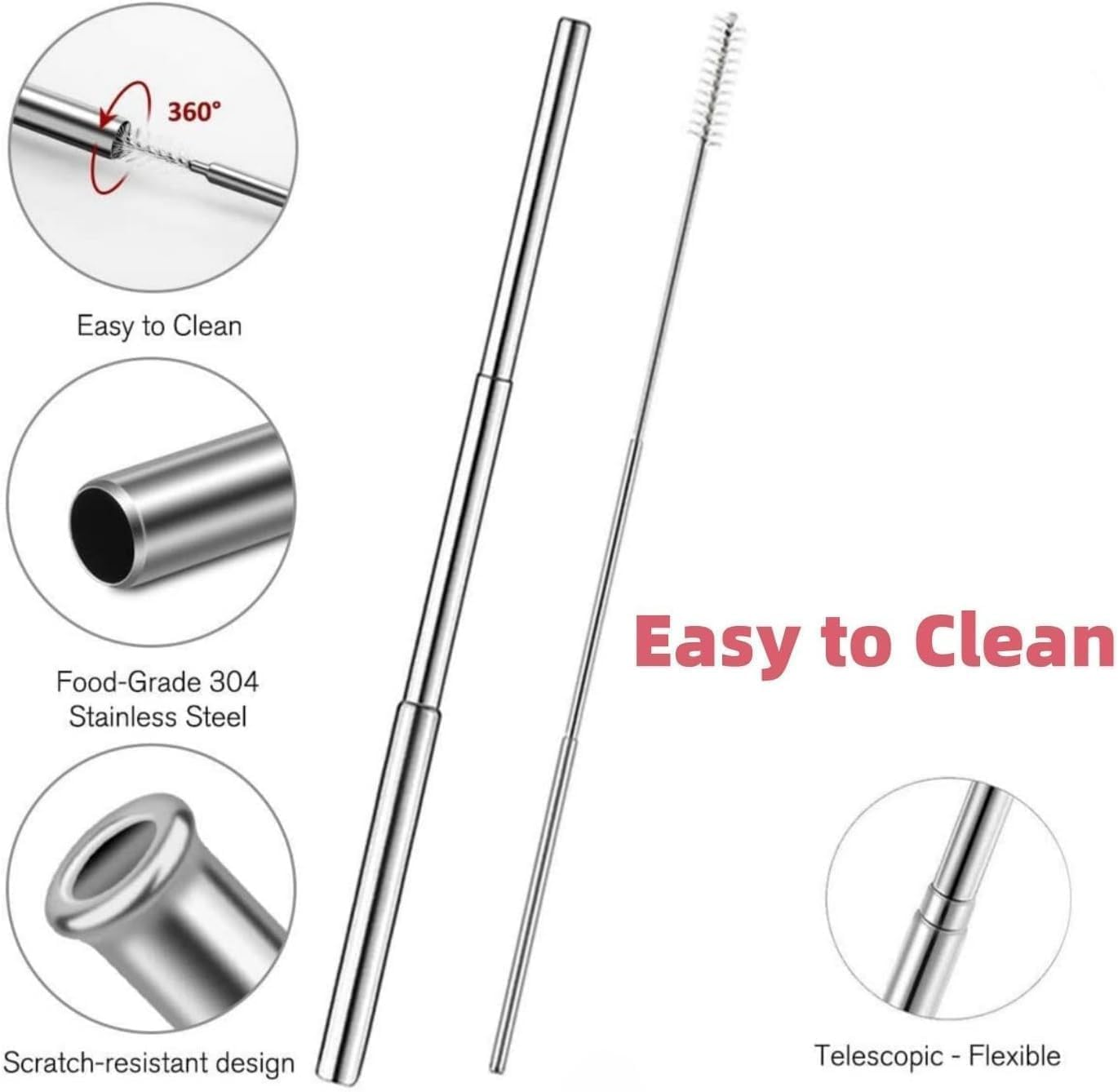 3Pack Reusable Telescopic Straw,Collapsible Stainless Steel Drinking Straws with Keychain, Bottle Opener and Cleaning Brush image number 5