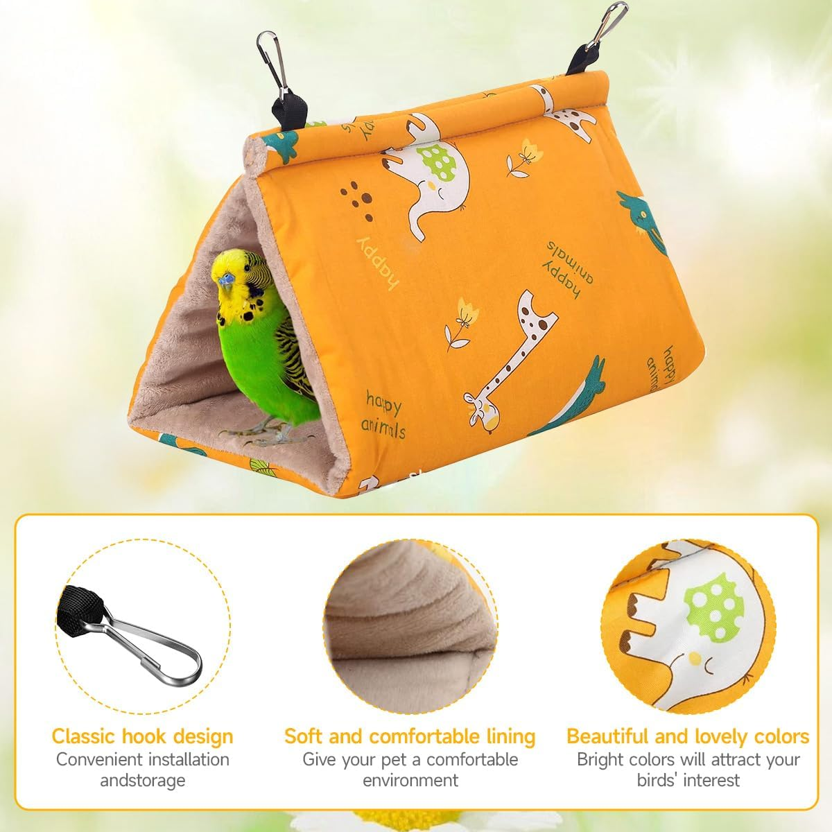 Large Bird Hanging Hammock Winter Warm Bird Nest House Suspended Hammock Plush Shed Swing Cave Cabin for Parrot Parakeet Cockatiels Budgies Lovebird (Yellow) image number 1